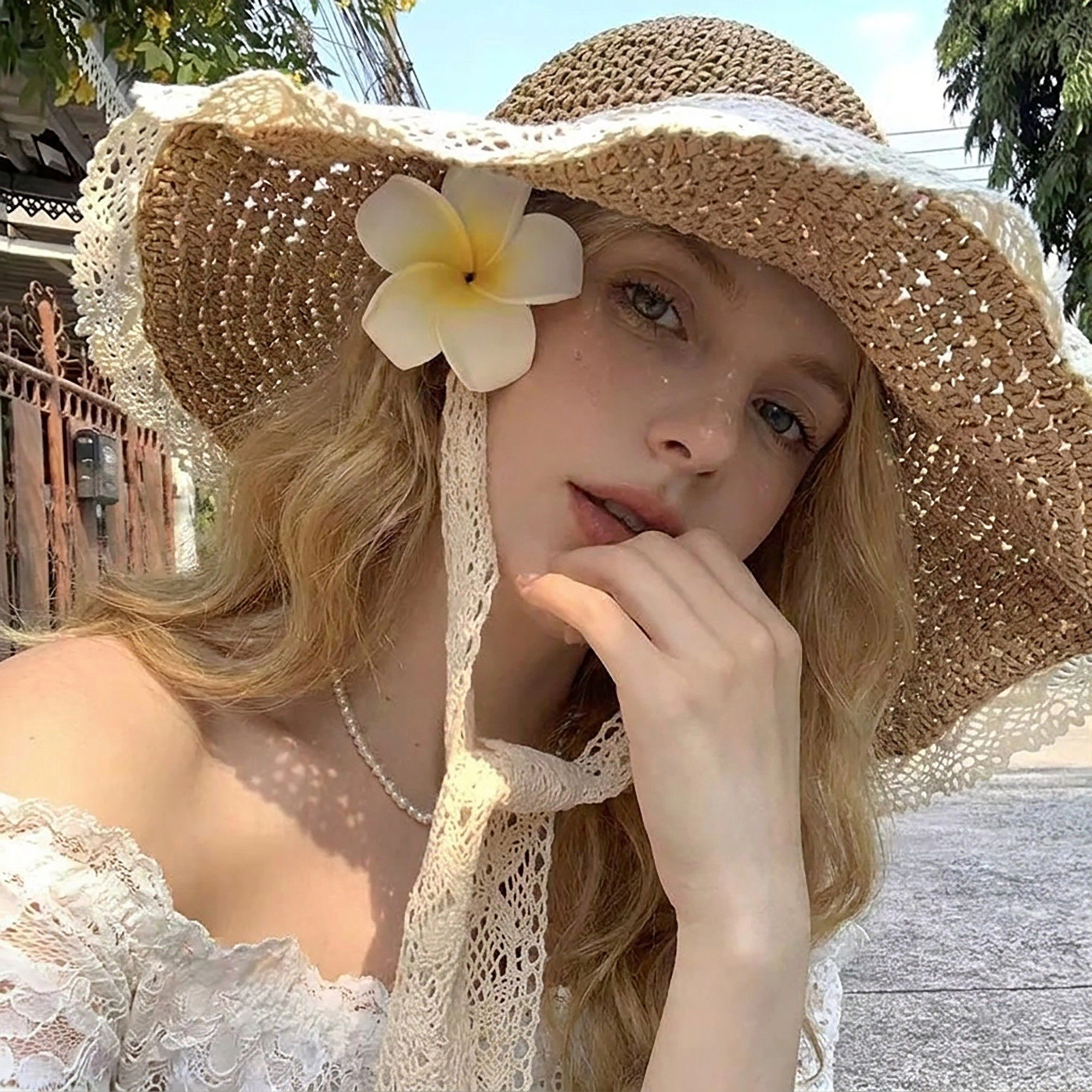 Anna-Kaci Women's Crochet Wide Brim Sun Hat with Lace Trim Bow Accent and Wavy