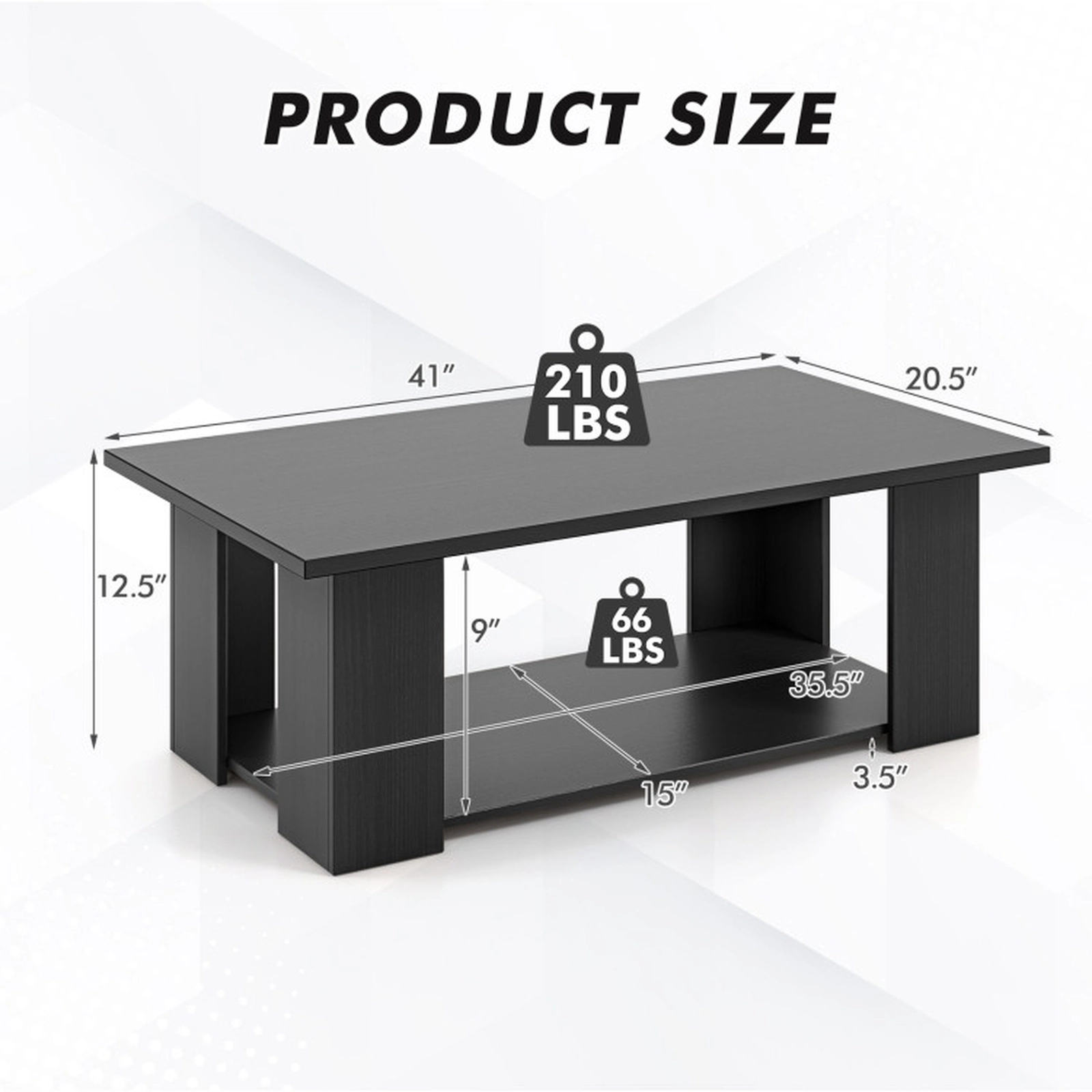 SUGIFT 41-in 210-lb Capacity Black 2-Tier Wooden Modern Coffee Table with Open Storage Shelf and Support Legs