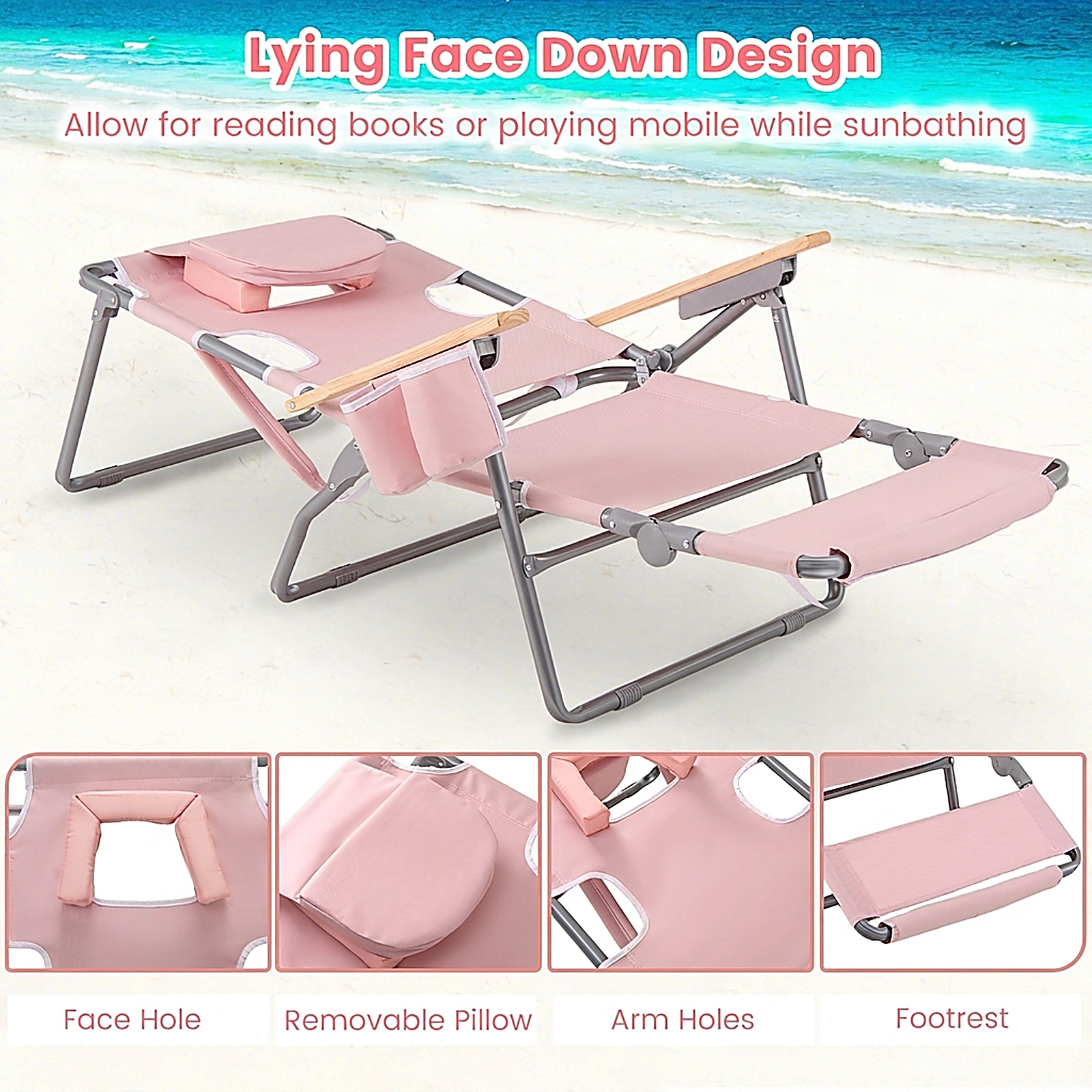 SUGIFT Pink 3-in-1 Folding Beach Chair with Footrest, Reclining Backrest and Face Hole