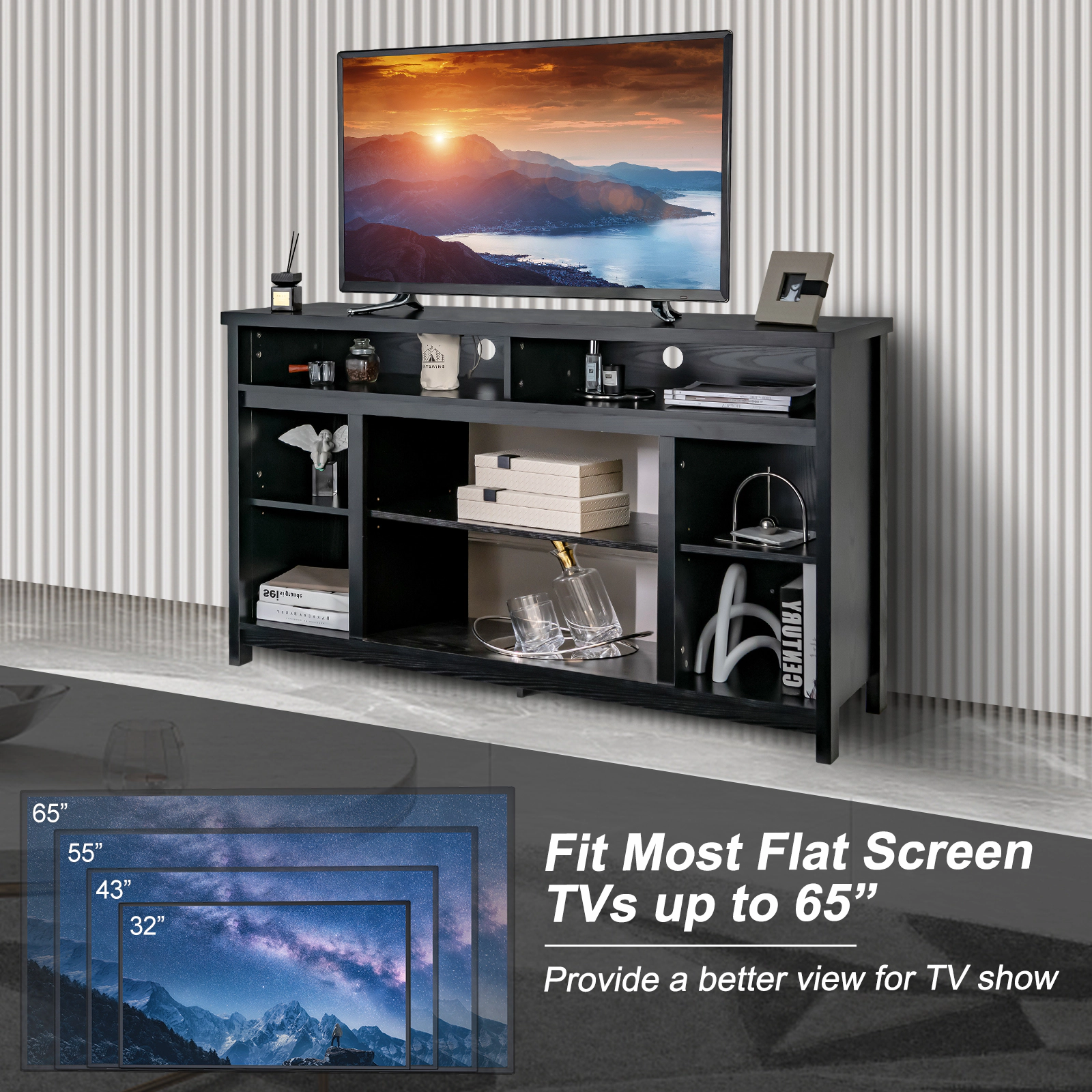 Hivvago 58 Inch Tv Stand Entertainment Console Center With Adjustable Open Shelves-Black