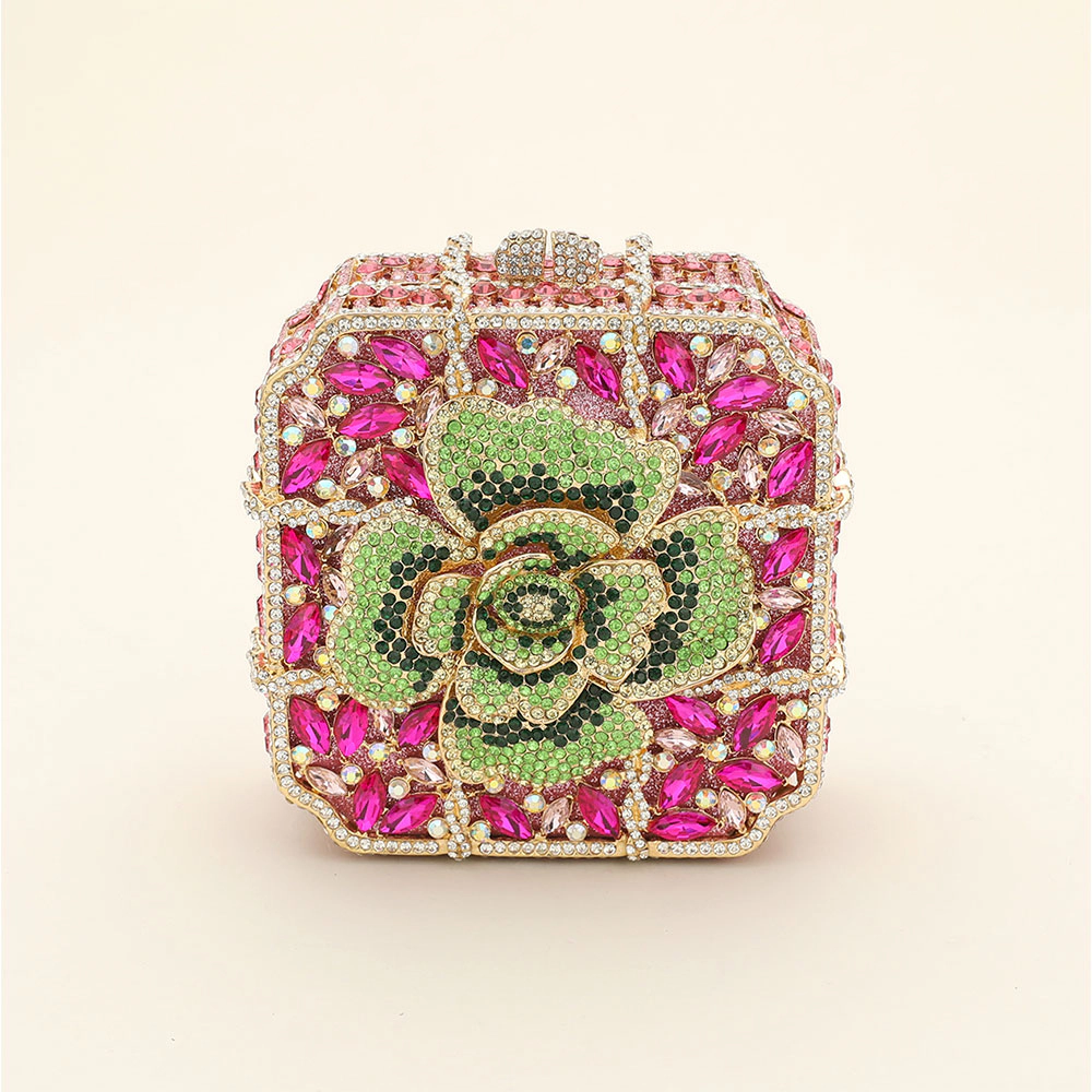Fashnzfab Crystal Rhinestone Embellished Flower Pointed Square Evening Clutch Shoulder Bag