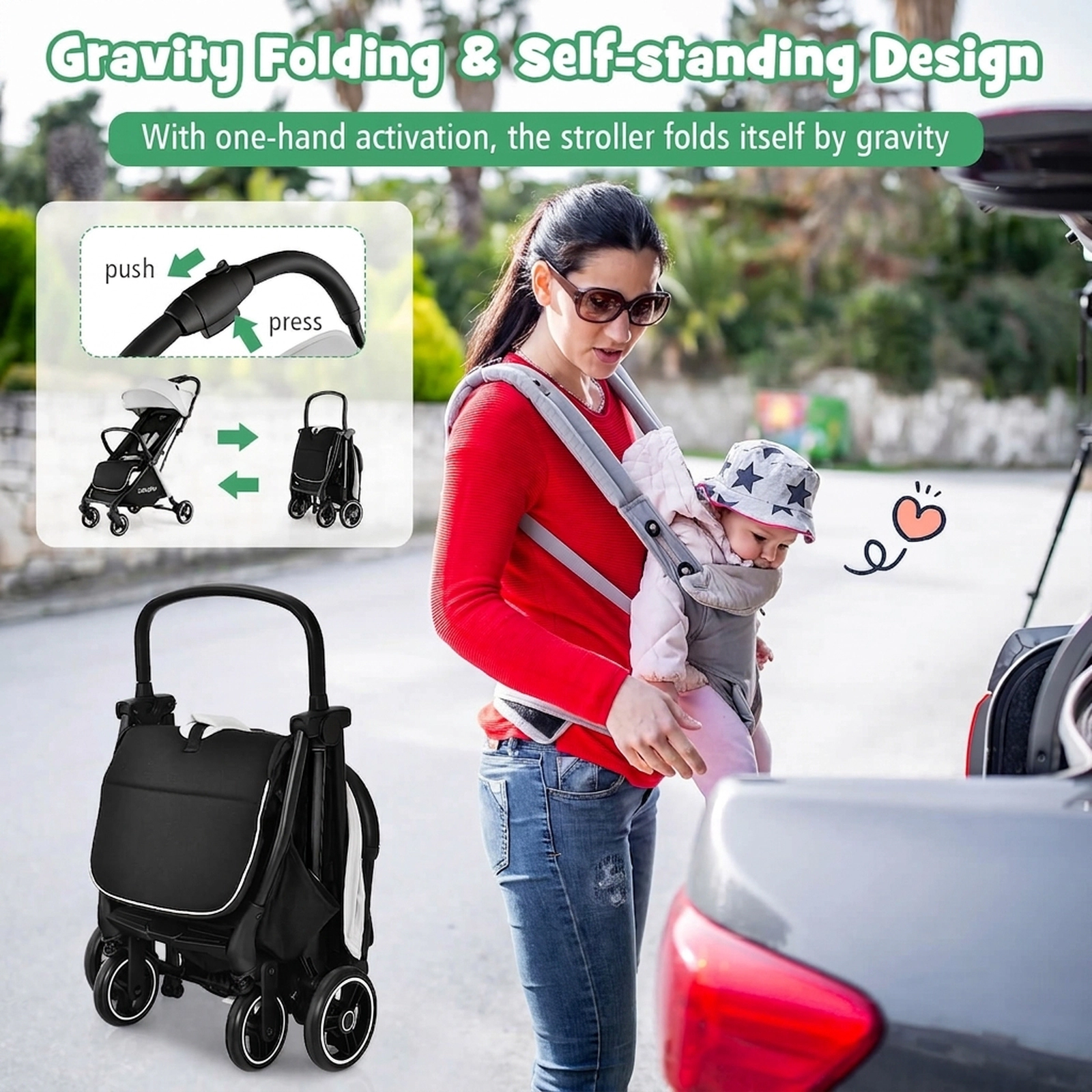 SUGIFT One-Hand Folding Lightweight Baby Stroller with Aluminum Frame 33-lb Seat Capacity Ages 6-36 Months Gray