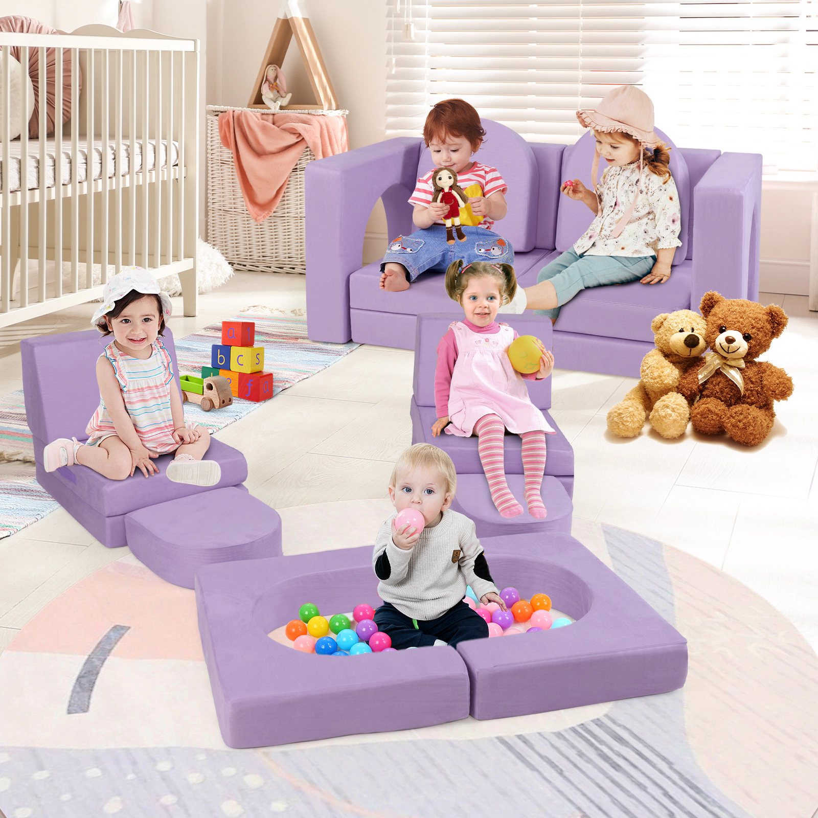 SUGIFT 8-Piece Modular Kids Play Couch Office Chair with Suede Fabric 56-in Wide Purple