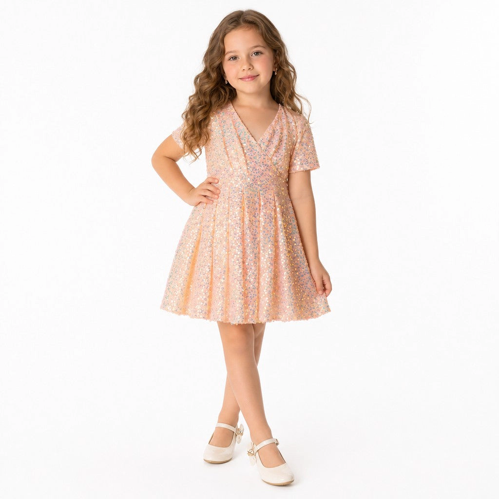 Faeella Girls Shine Like a Star Peach Sequin Birthday Dress