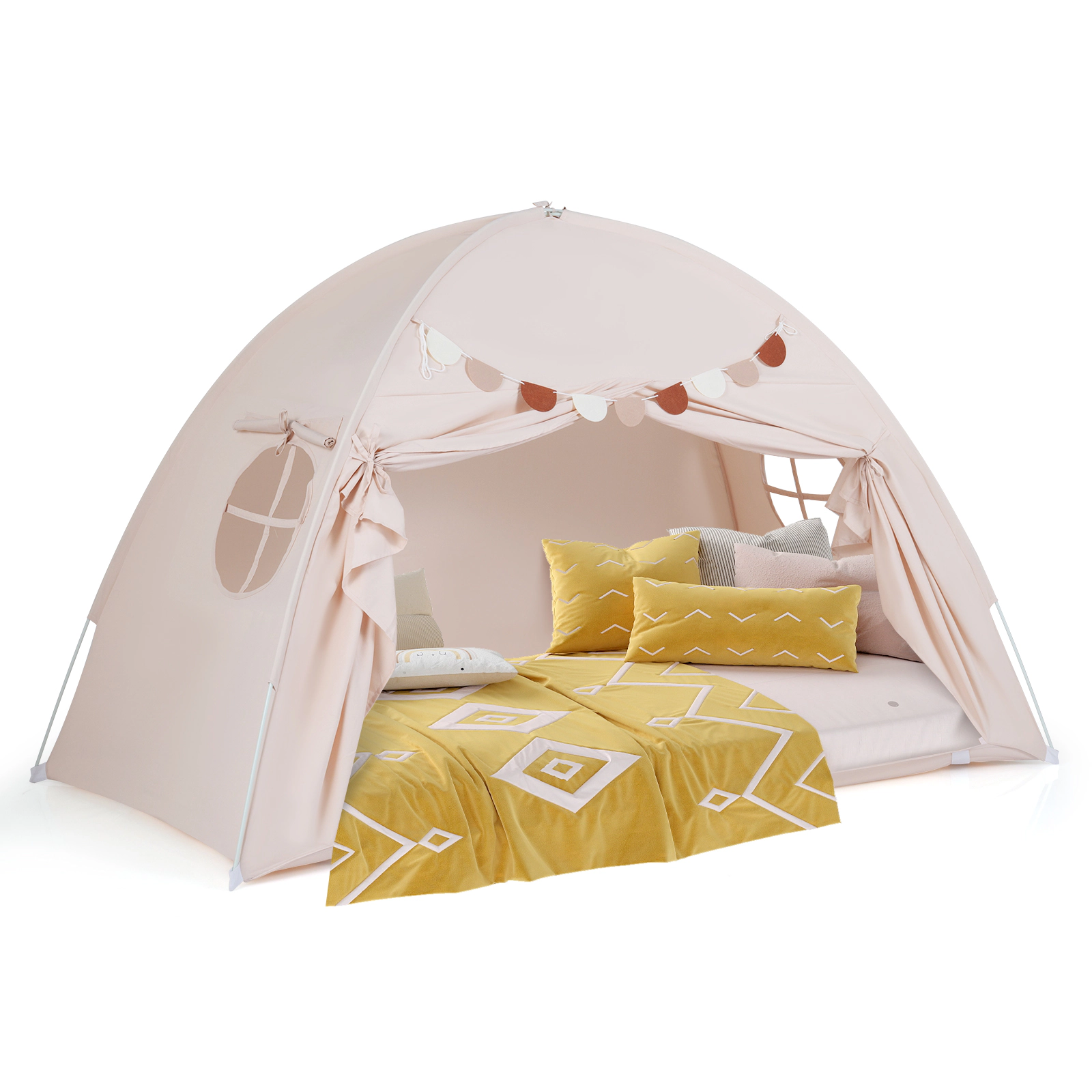 SUGIFT Indoor Canopy Tent for Kids Fits Twin Size Mattress Ages 3+ Beige Brushed Fabric