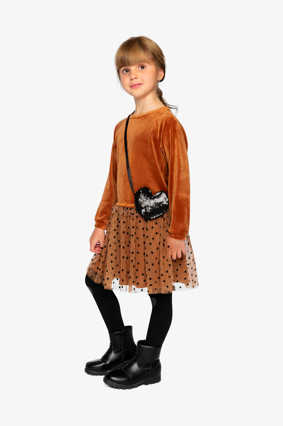 Deux par Girls Polka Dot Mesh Bi-Material Dress with Sequin Crossbody Bag