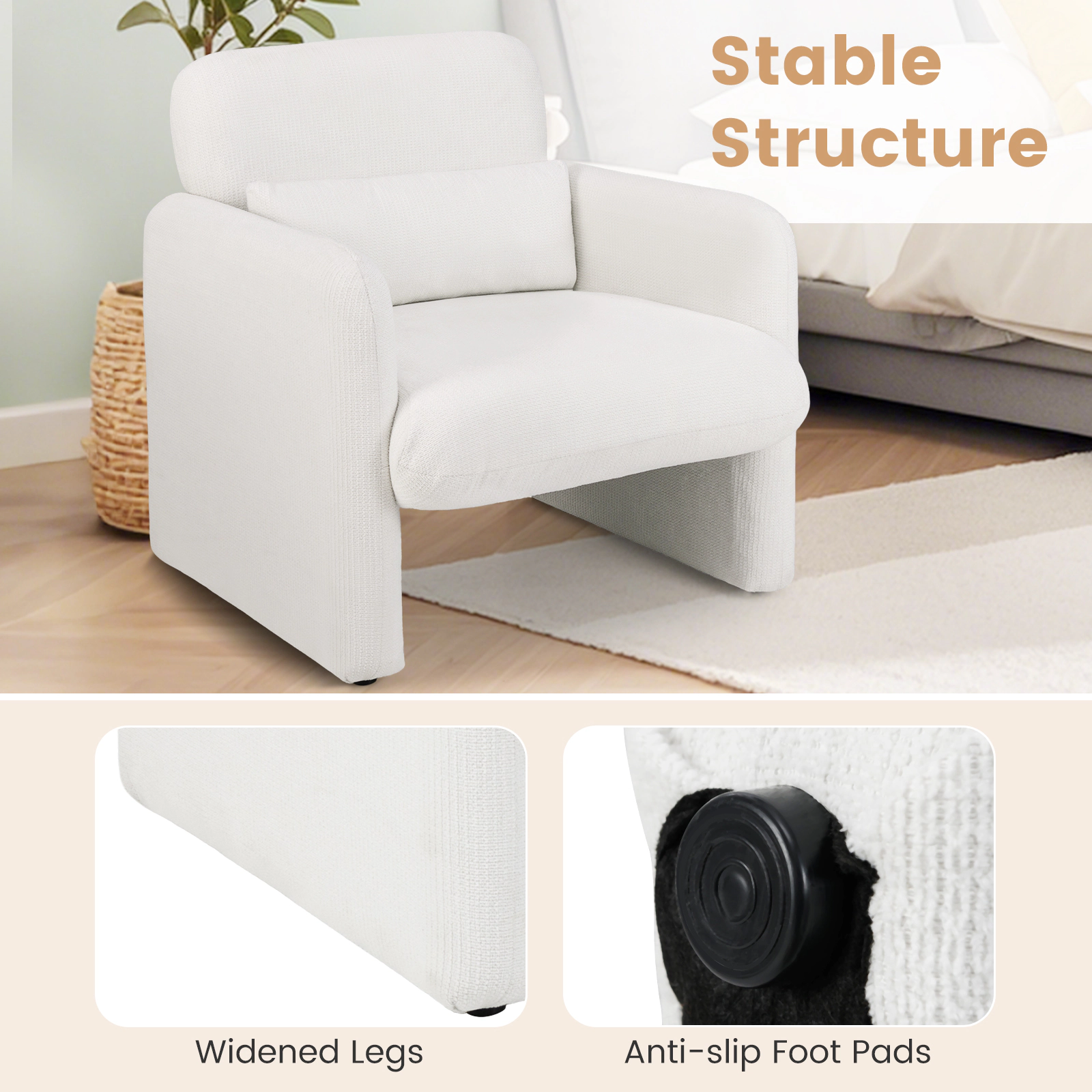 SUGIFT Modern Upholstered Chenille Accent Chair with Removable Lumbar Pillow 330-lb Capacity White