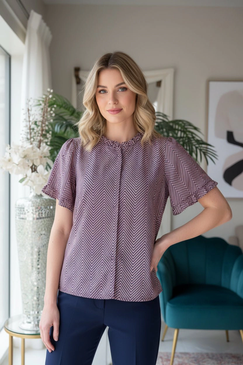 DressAtR Women's Ruffle Sleeve and Neck Front Button Opening Tri Line Blouse