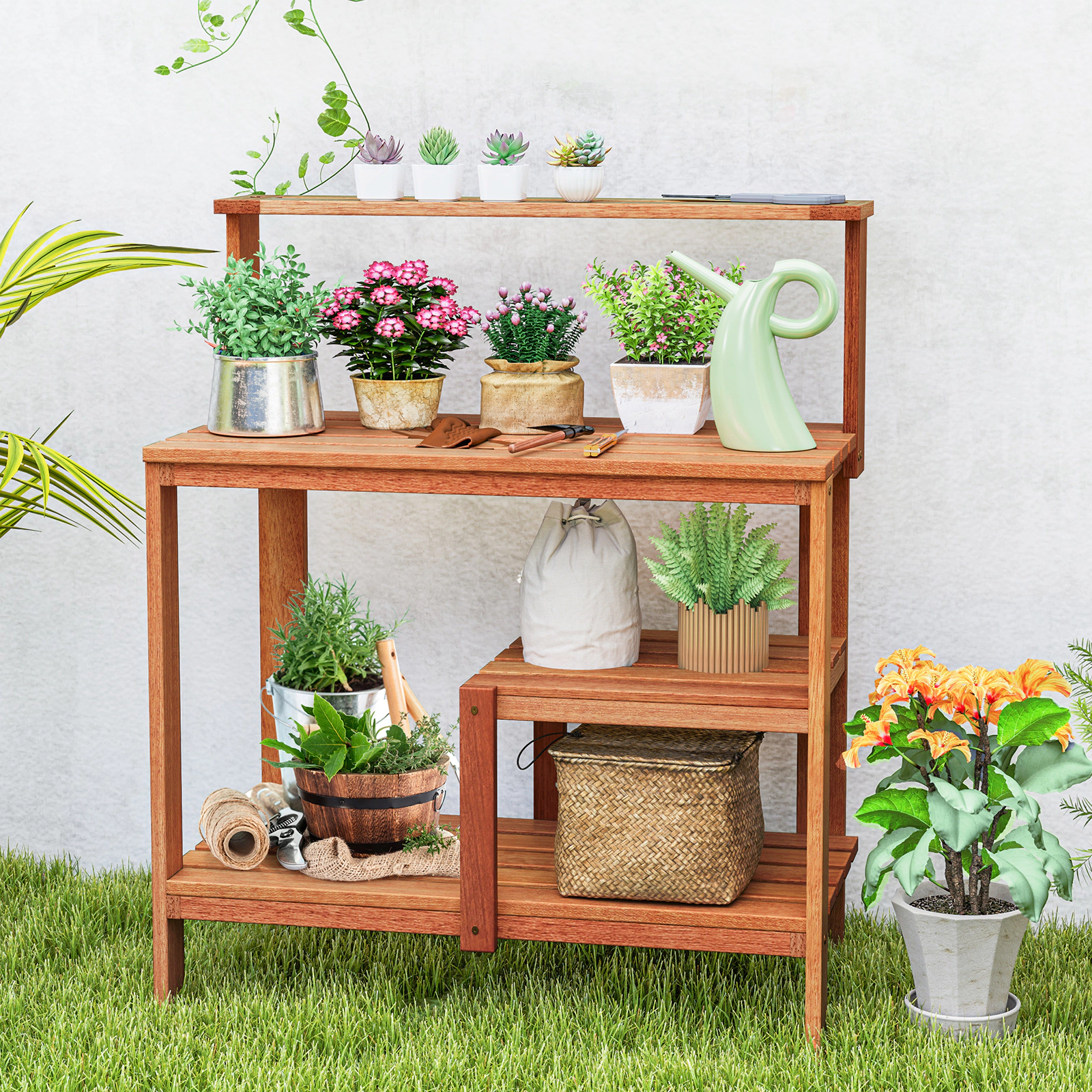 SUGIFT Natural Wood Potting Bench with 2-Tier Open Shelves 35.5-in W 19-in D 43-in H 33-lb Countertop Capacity