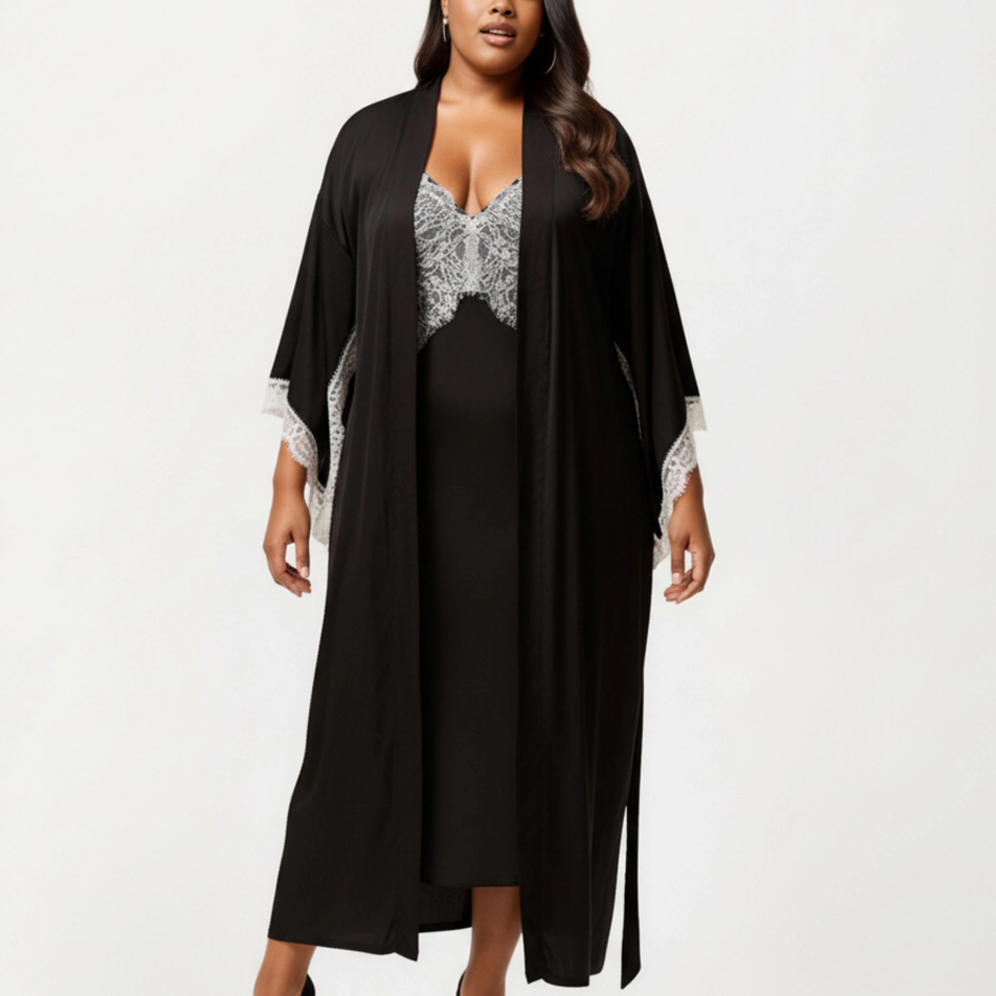 Anna-Kaci Women's Plus Long Robe Set with Soft Draped Silhouette and Delicate Lace Trim Accents