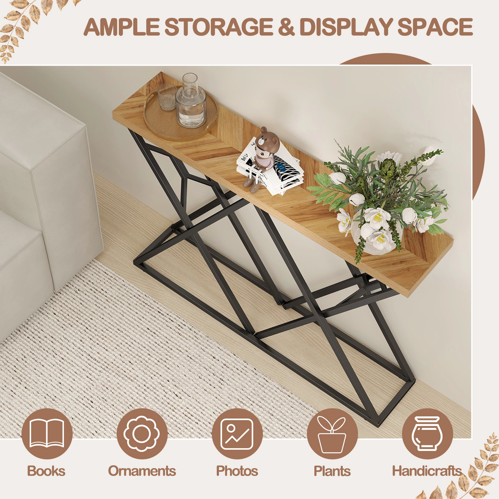 SUGIFT Console Table with Solid Metal Frame 165-lb Tabletop Capacity Wood Color 1.5-in Thick Top