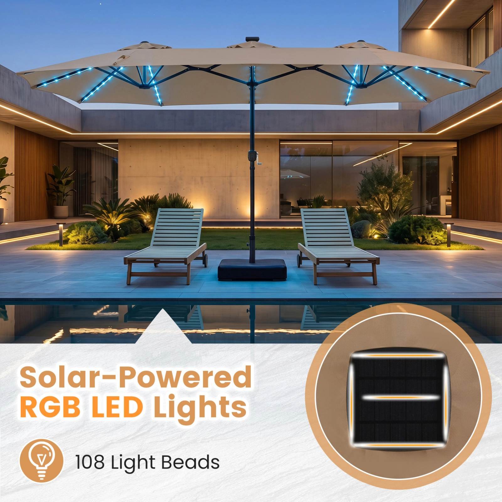 SUGIFT 13-ft Double-Sided Patio Umbrella with 108 LED Lights, Crank Handle and 135-lb Base Capacity Tan