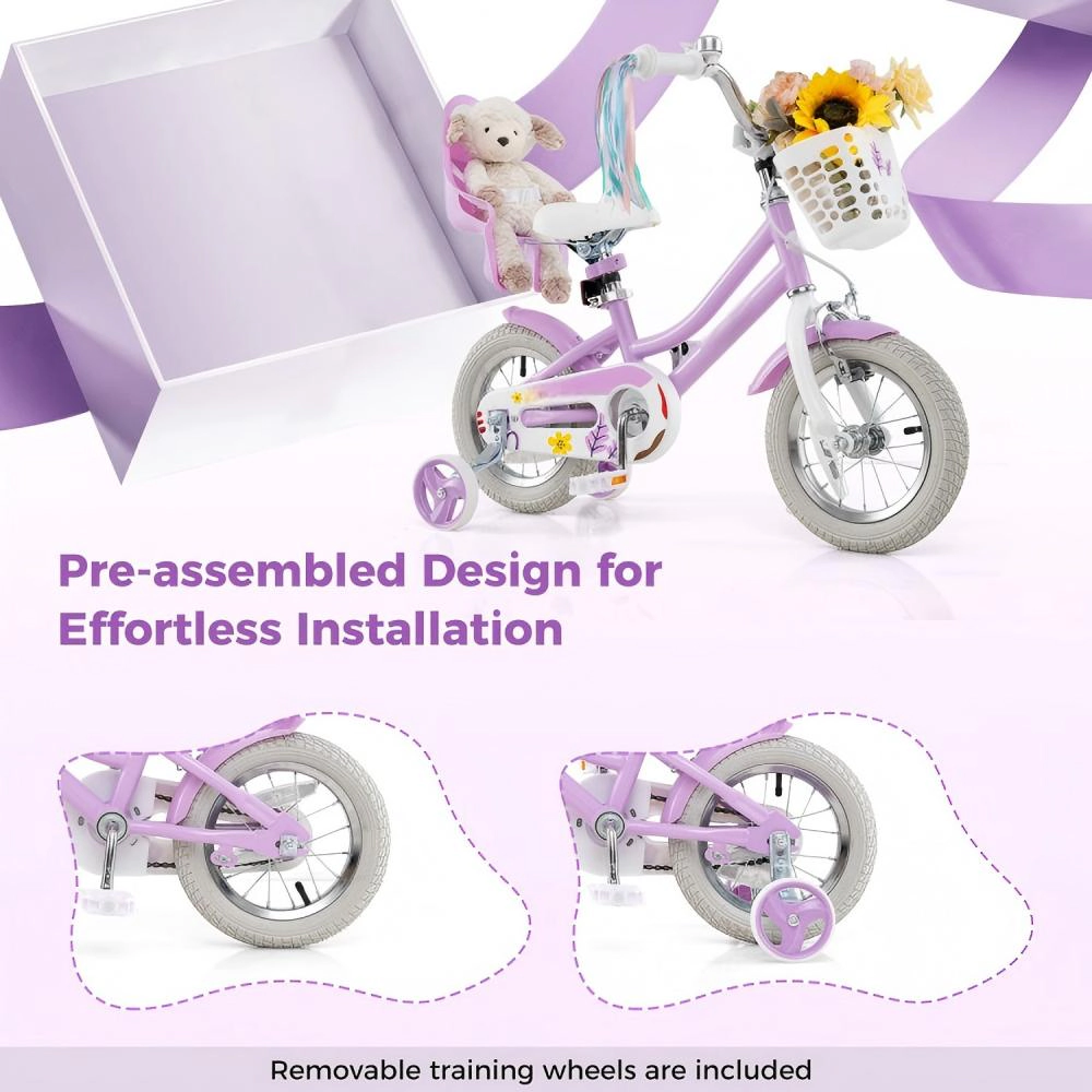 SUGIFT 12-In Girls Kids Bicycle with Dual Brakes Doll Seat Streamers & Training Wheels 145-lb Capacity Ages 3-4 Rose Red