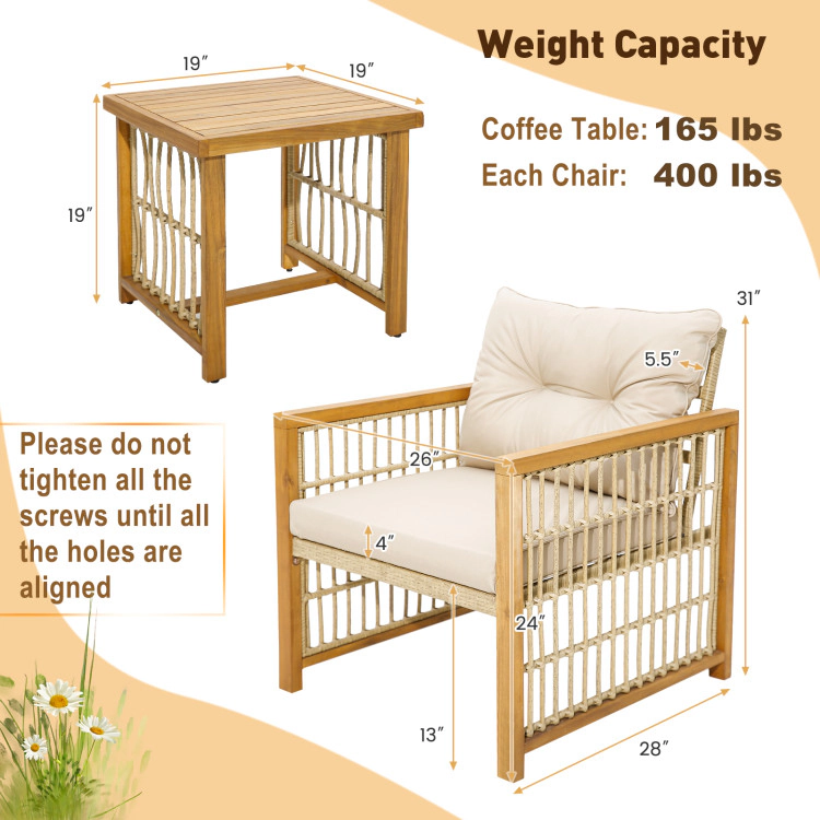 Hivvago 3 Pieces Patio Pe Wicker Conversation Set With Acacia Wood Frame And Cushions