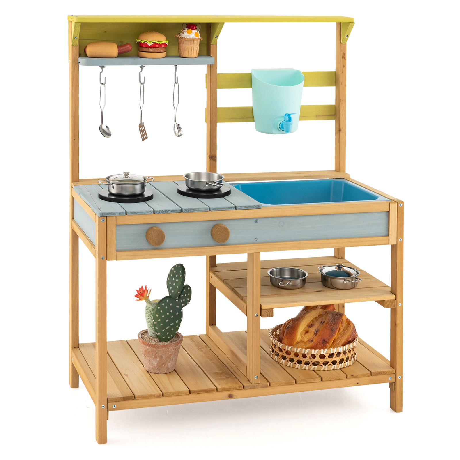 SUGIFT Natural Faucet Water Box and Removable Sink Outdoor Kids Wooden Mud Kitchen