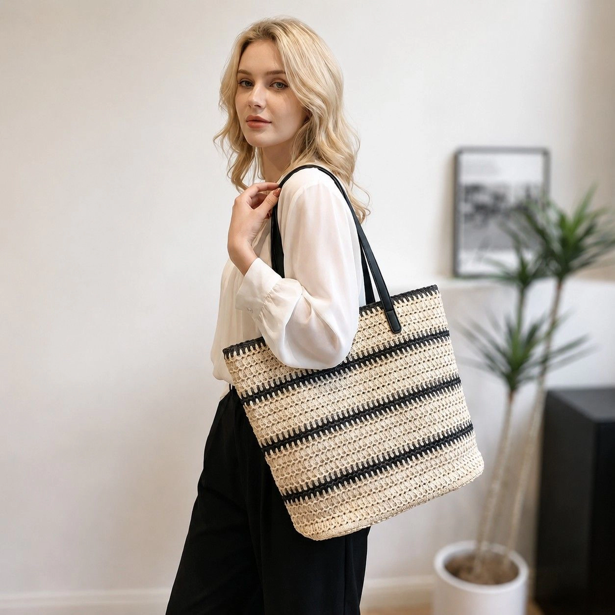 Alilang Women's Open Weave Tote Bag with Contrast Stripe Zip Closure and Shoulder Handles