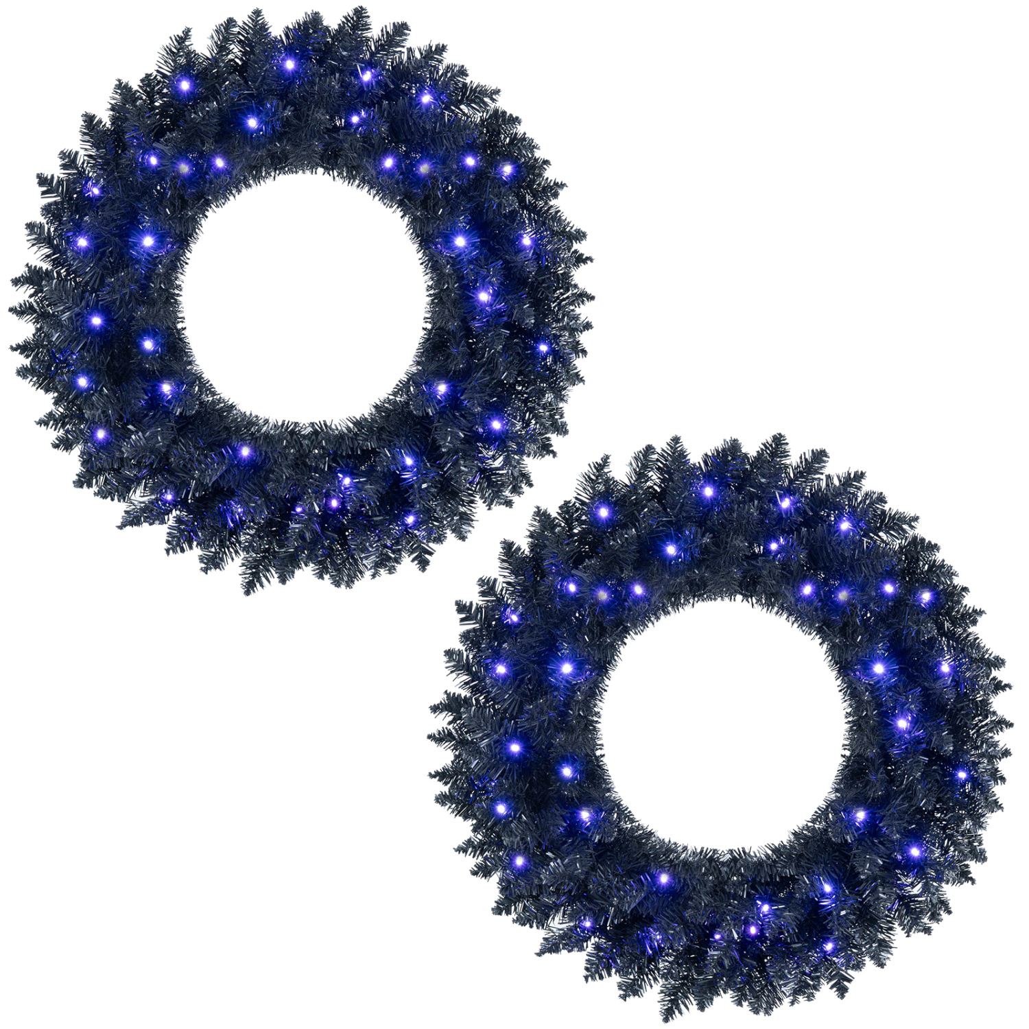 SUGIFT Set of 2 24-in Pre-Lit Halloween Christmas Wreaths with 35 Purple LED Lights and Timer 179 Branch Tips Black