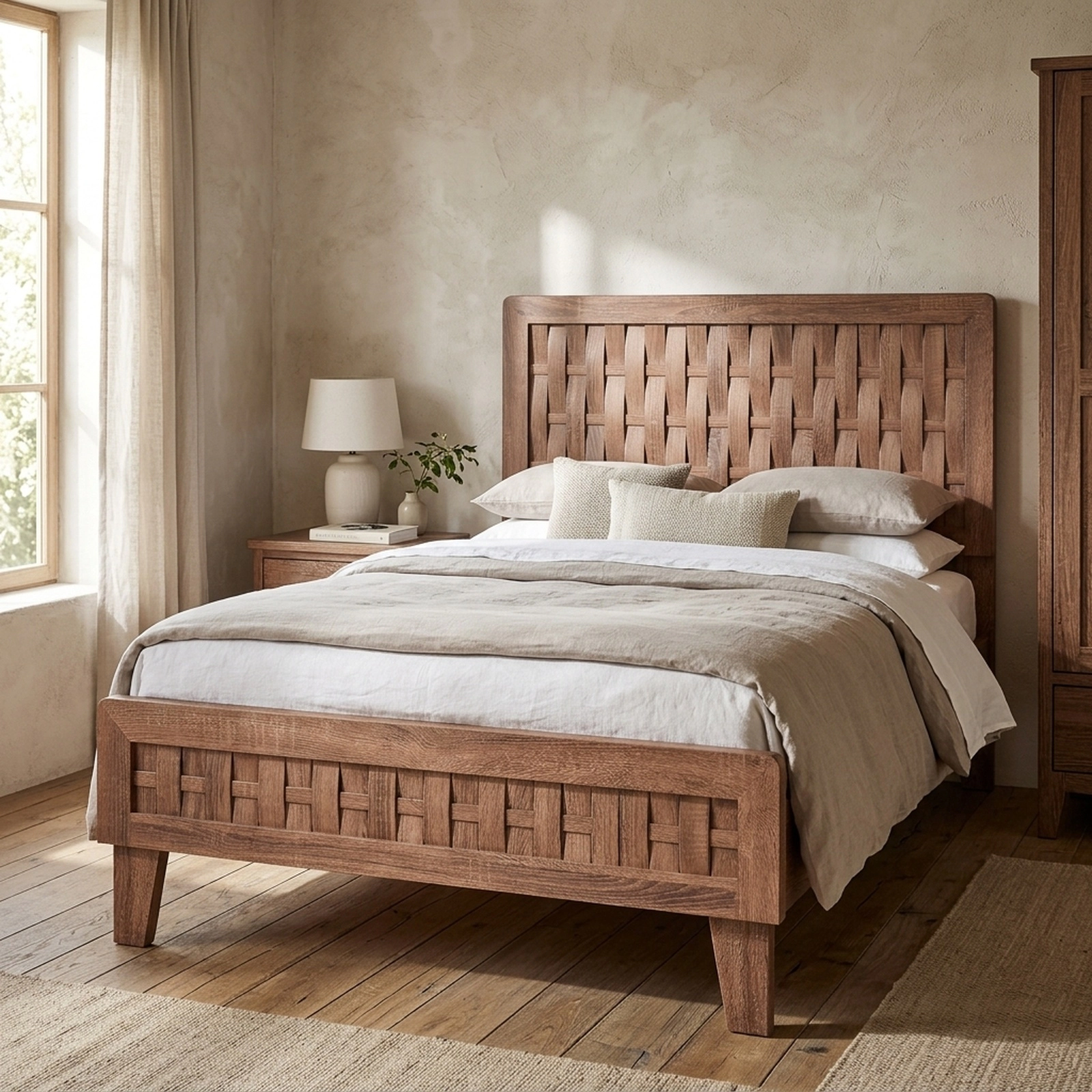 SUGIFT Twin Mid-Century Platform Bed Frame, Woven Accent Headboard and Footboard, Walnut