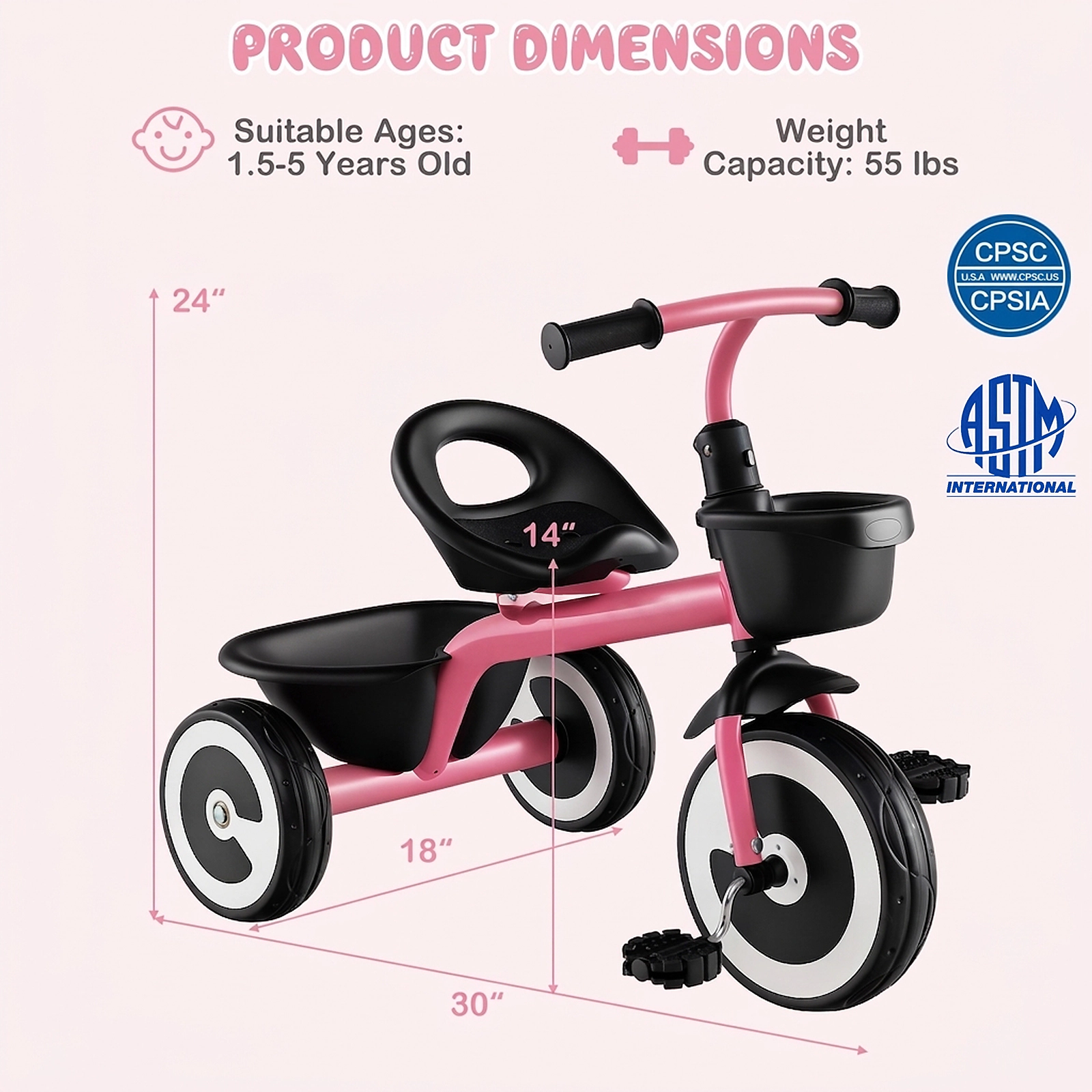 Toddler Tricycle Adjustable Seat Front Rear Baskets Silent EVA Wheels and 110-Degree Limited Steering Ages 1.5-5 Pink