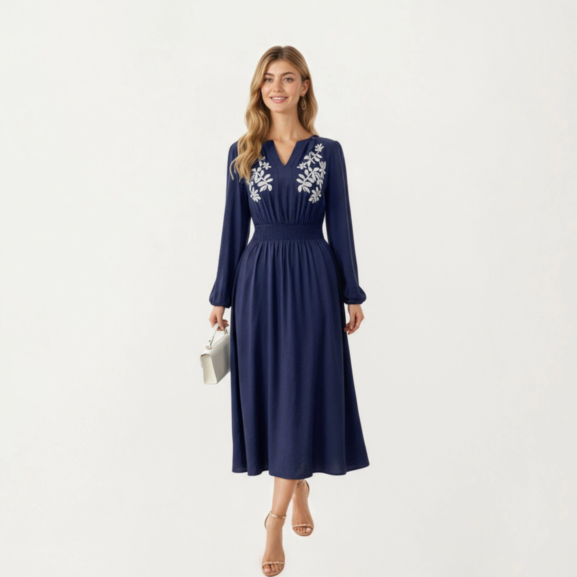Anna-Kaci Women's Long Sleeve Embroidered Midi Dress with Smocked Waist and V-Neckline