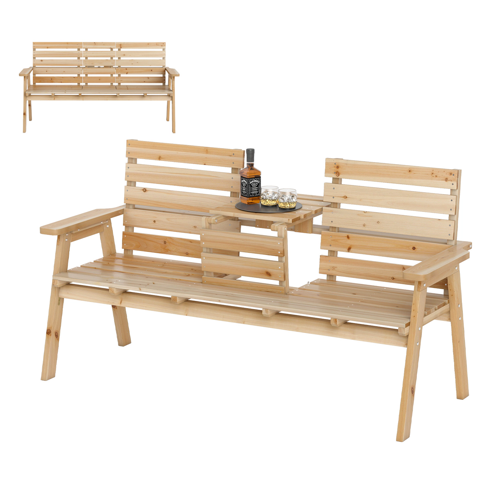 LJG Outdoor Fir Wood Bench with Foldable Middle Table