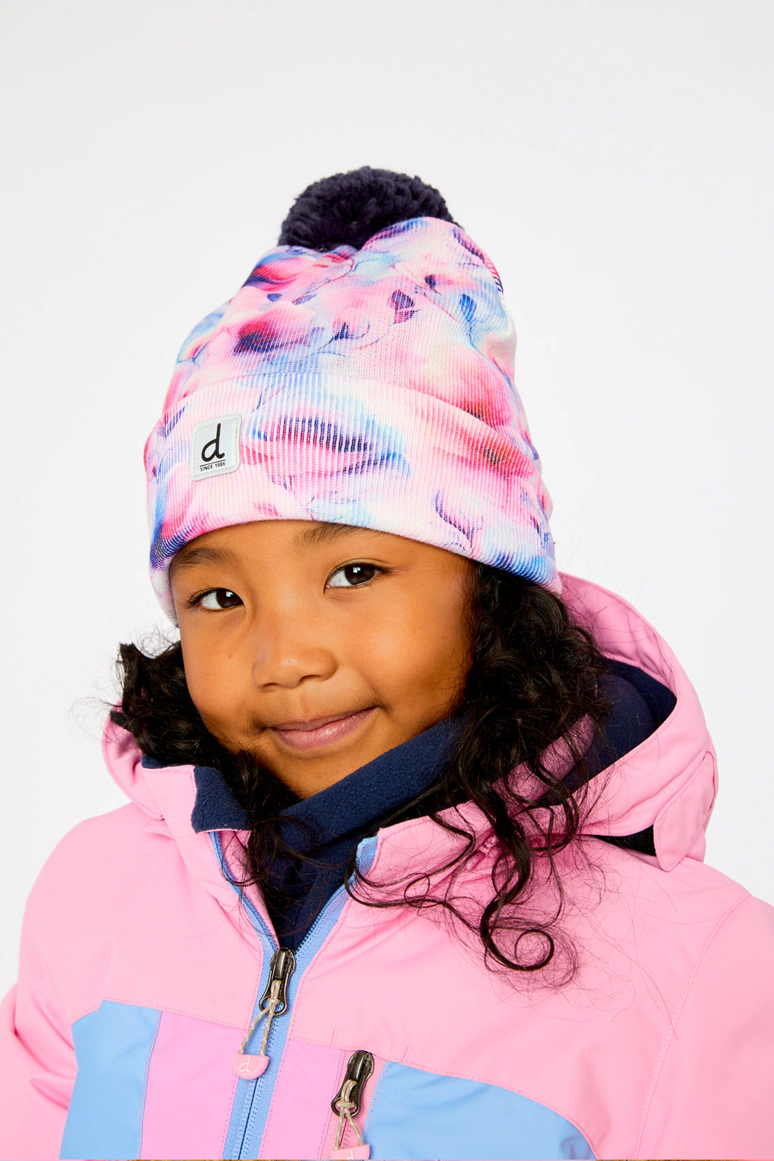 Deux par Girls Winter Knit Hat with Pompom and Printed Flowers