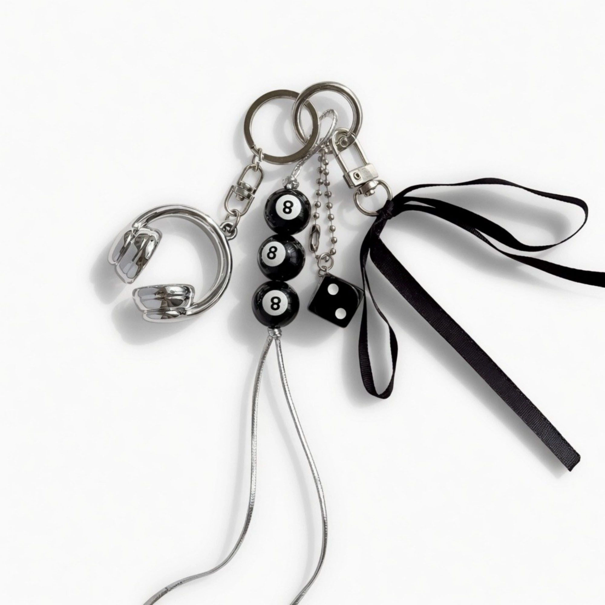 Alilang Women's 8 Ball Dice Charm Keychain with Headphone Pendant Ribbon Tassel Bag Charm Key Ring Accessory