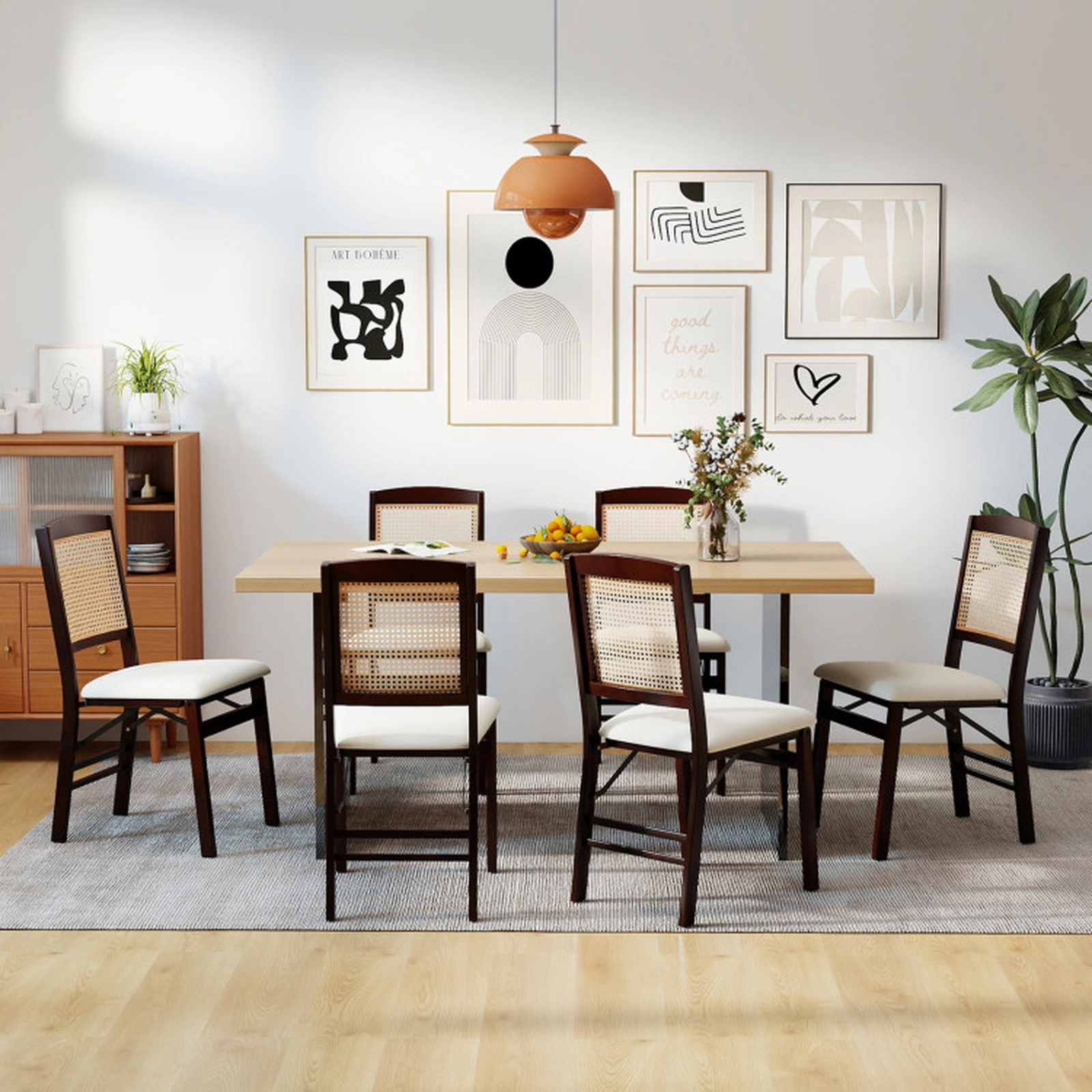 SUGIFT Coffee Folding Rubber Wood Rattan Back Linen Padded Seat Set of 4 Dining Chairs