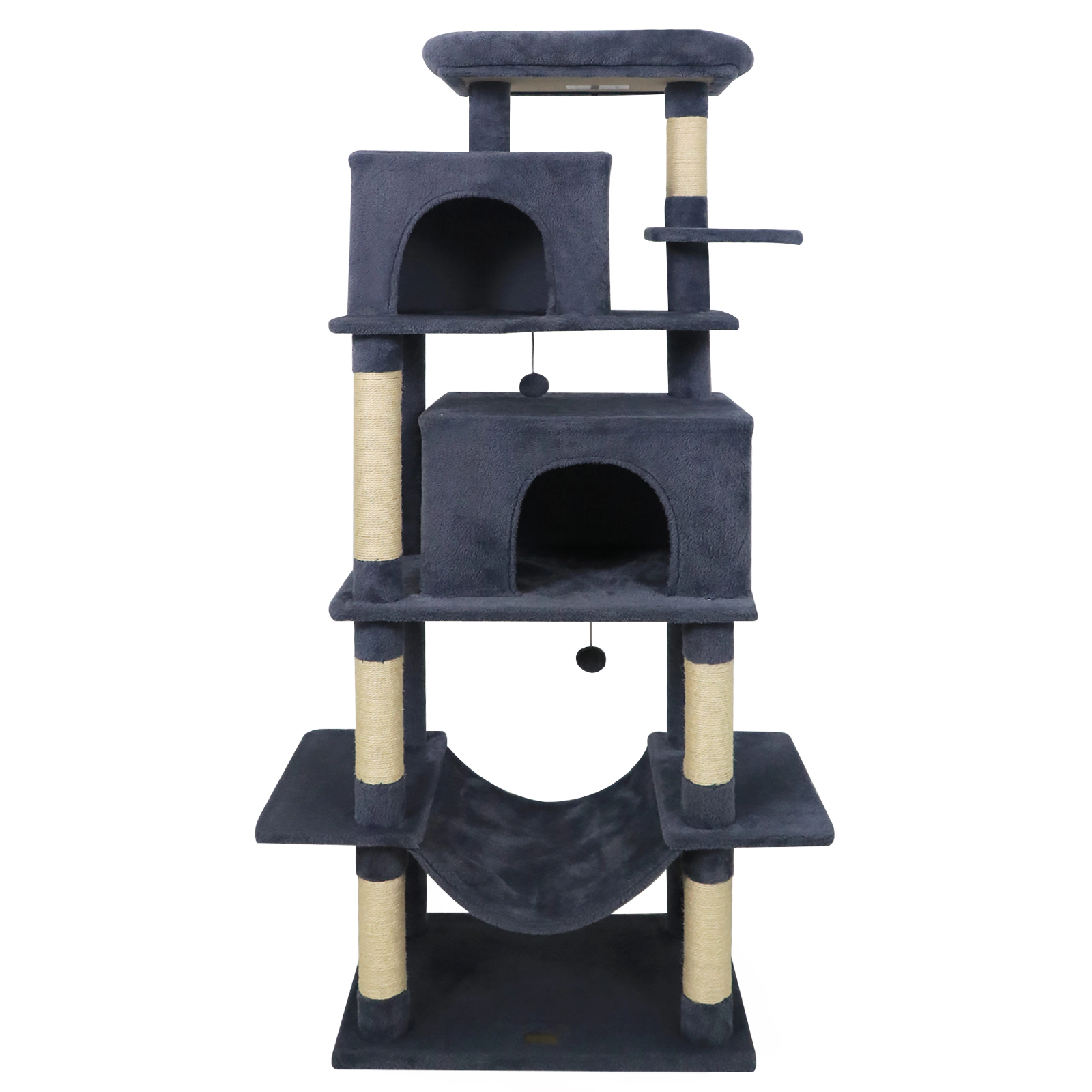 SUGIFT Multi-Level 70-in Tall Cat Tree Tower with Hammock and Dual Condos 33-lb Capacity Beige Deep Gray Light Gray