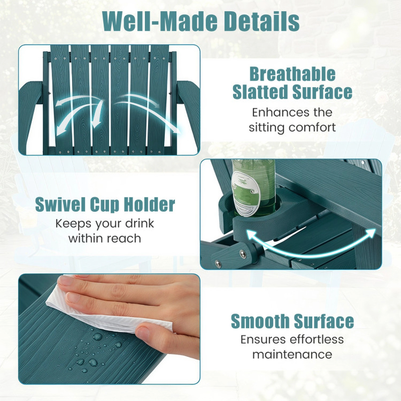 SUGIFT Set of 2 Outdoor Adirondack Chairs with 5-Level Backrest and Swivel Cup Holder 330-Lb Capacity Green HIPS Frame