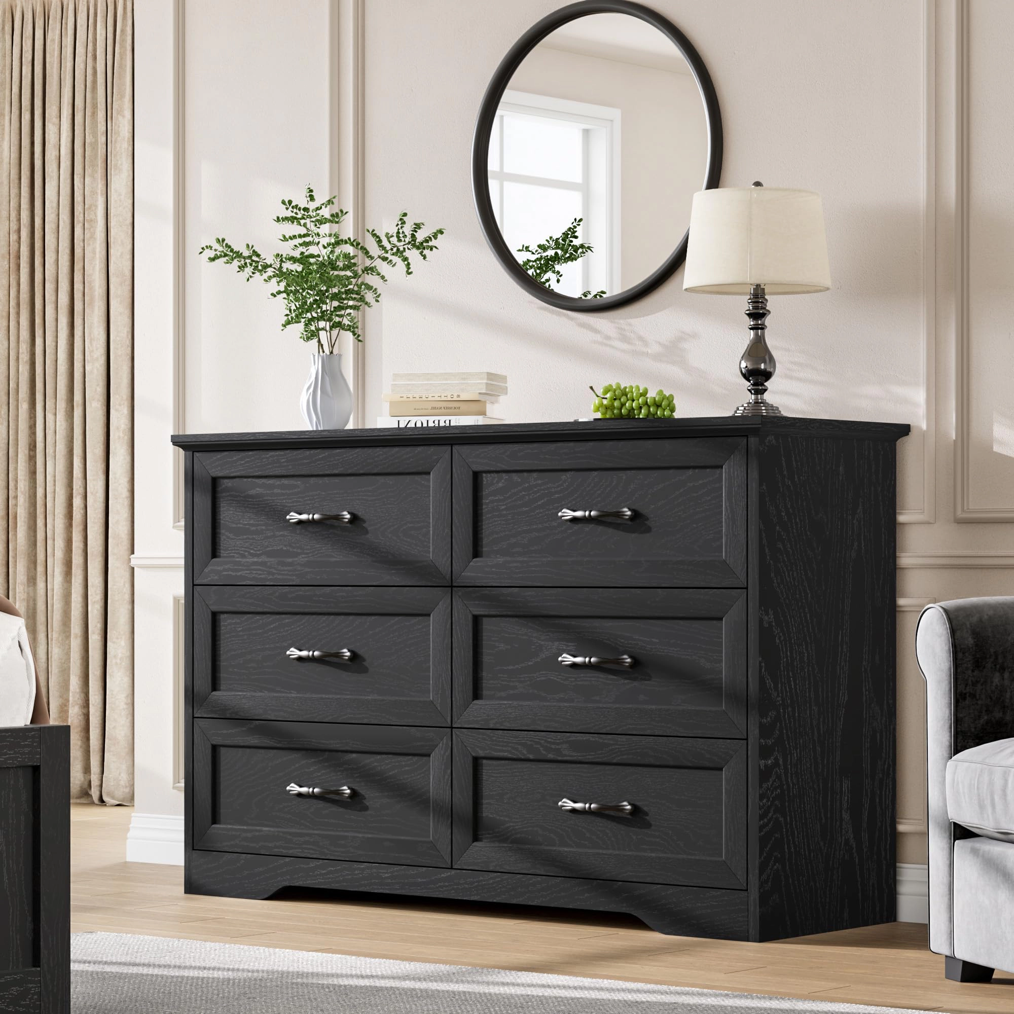 Farmhouse 6 Drawer Dresser with Metal Handles, 47.2" Wide Wooden Storage Cabinet for Bedroom