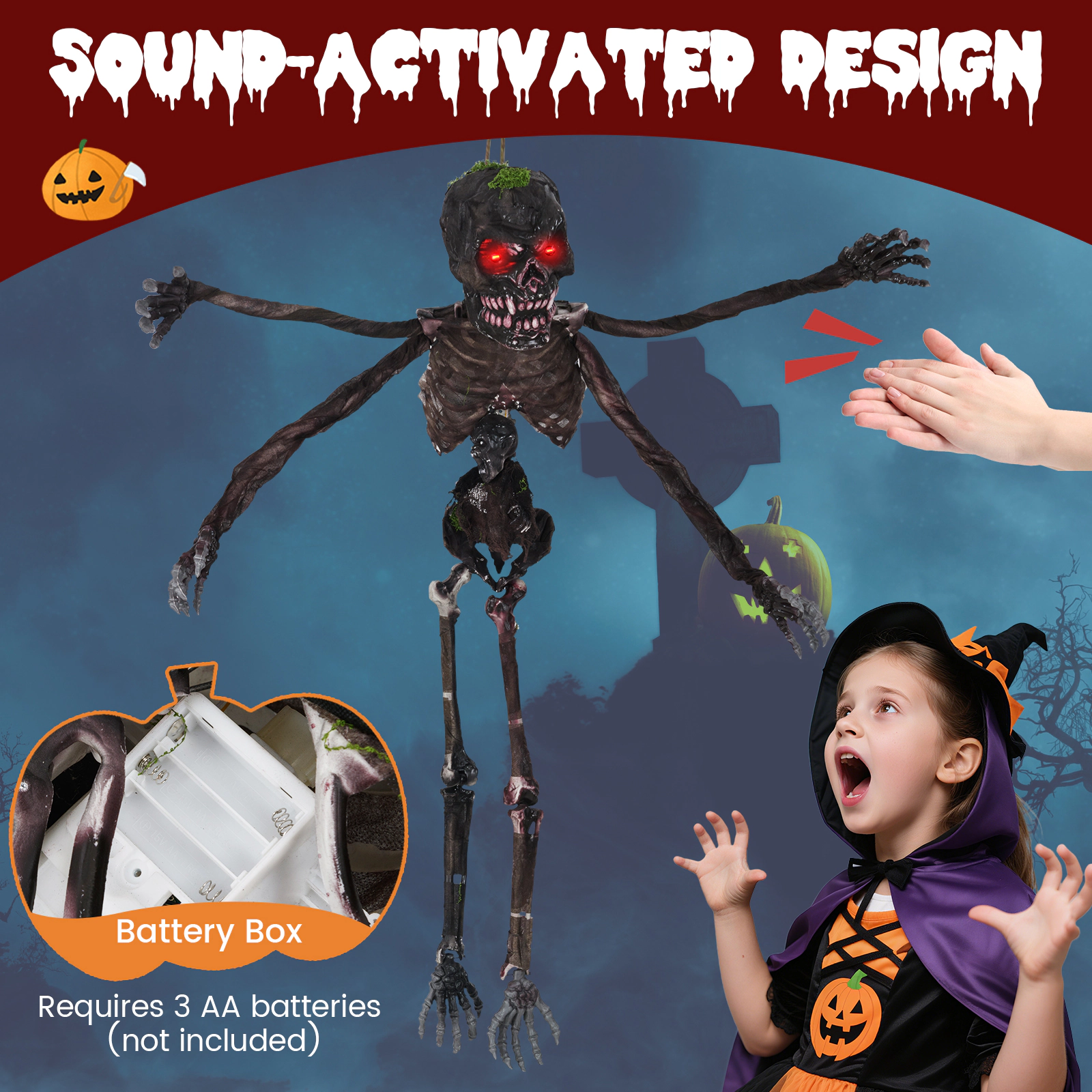 SUGIFT 6-ft 4 Poseable Arms Red LED Eyes Sound-Activated Animated Halloween Skeleton Decor 5.5-ft Wide 4.5-lb