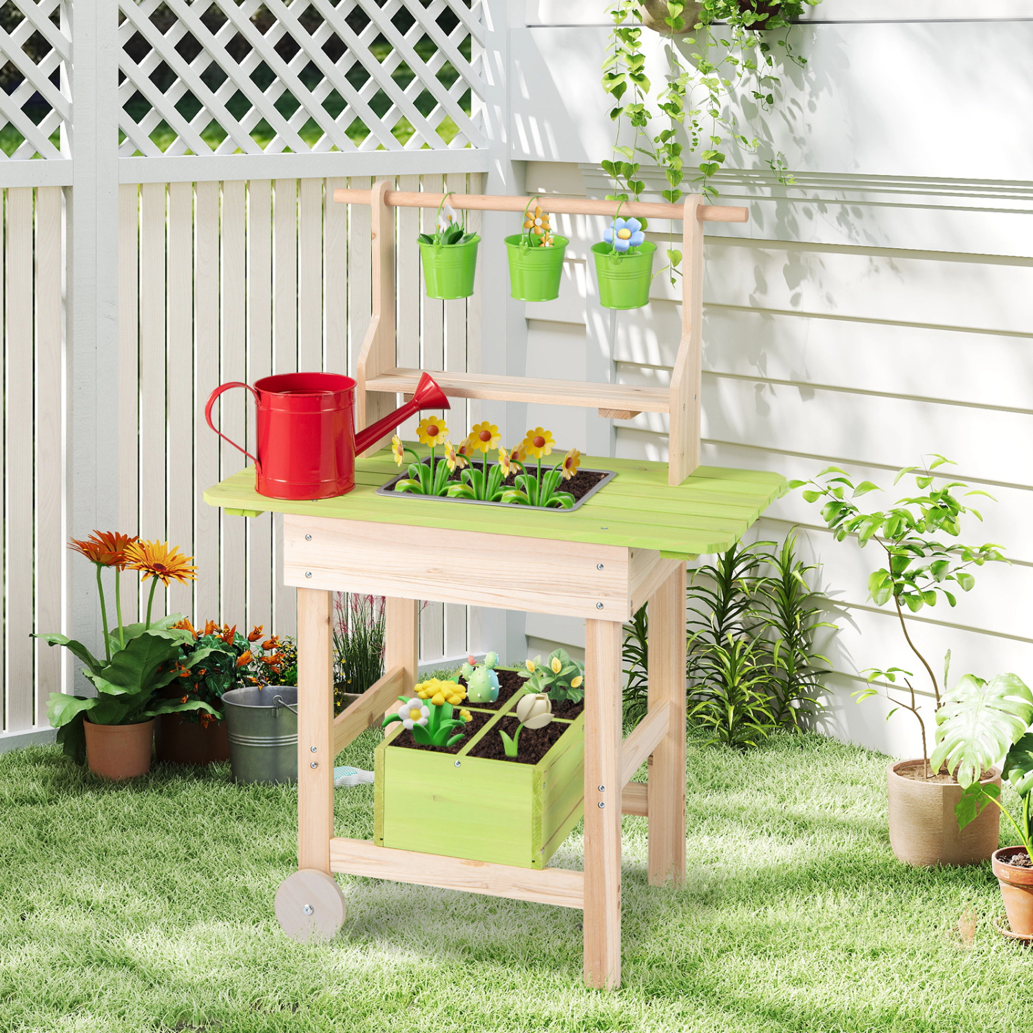 LJG Kids Mud Kitchen with Removable Pots Watering Can Planting Trough and Storage Box