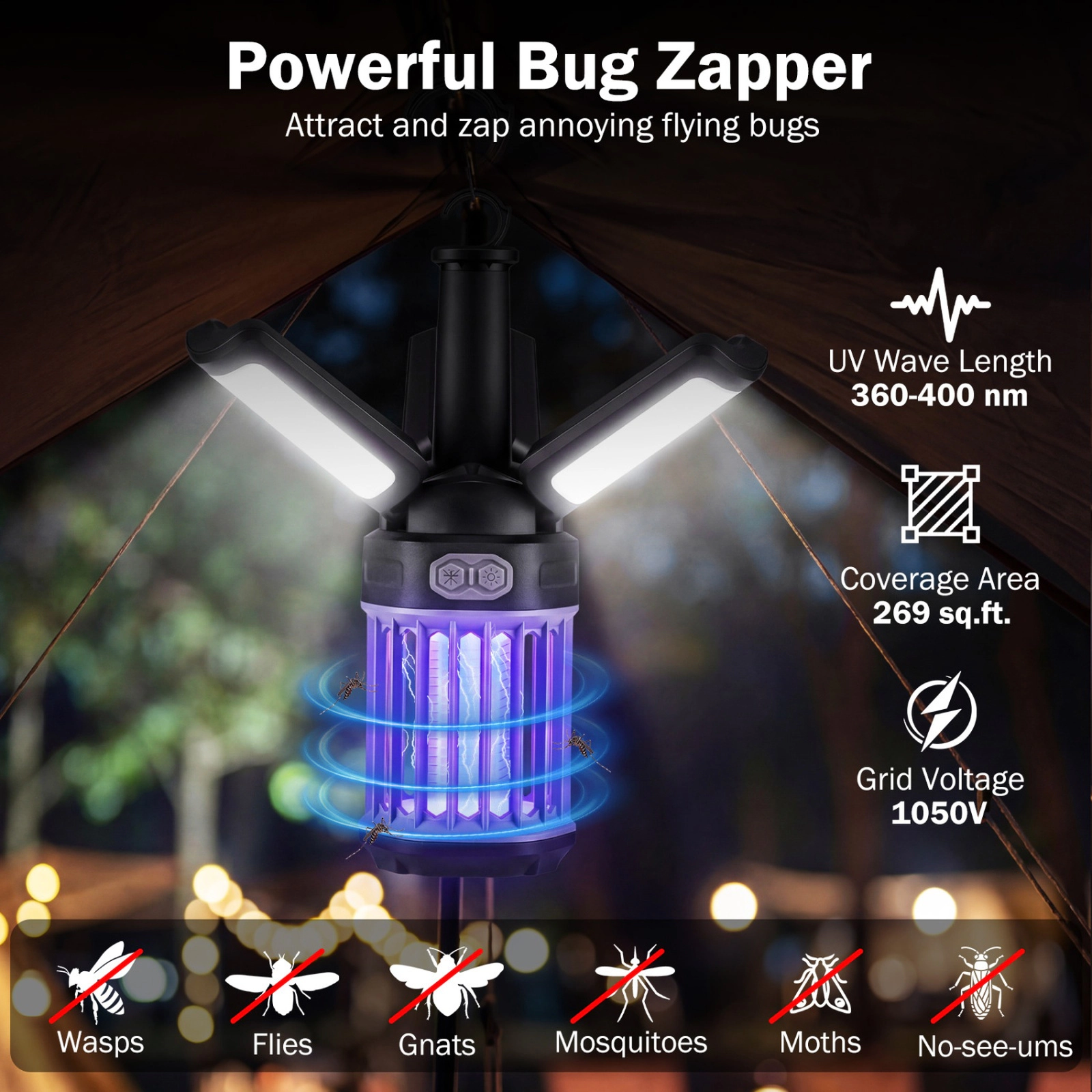 SUGIFT USB-C Rechargeable Outdoor Bug Zapper and Foldable Camping Lantern with 1050V Grid and 269-sq ft Coverage