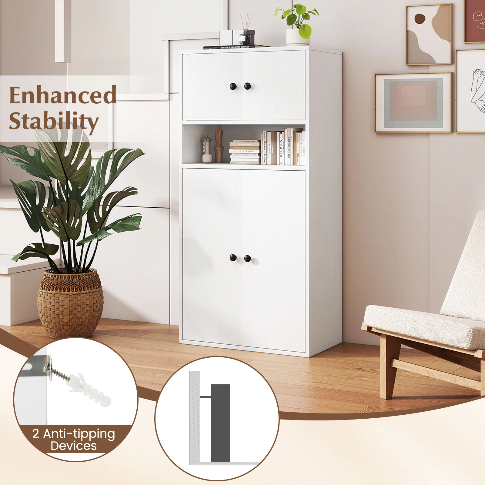 SUGIFT White 44 in Tall Bookshelf with Doors and 5-Position Adjustable Shelf