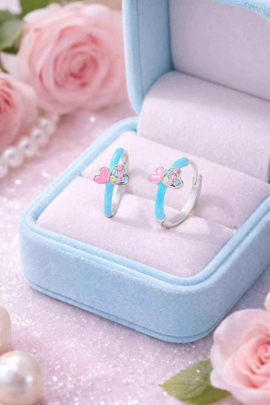 CHANTEUR Kids White Gold Tone Huggie Hoop Earrings with Light Blue Enamel