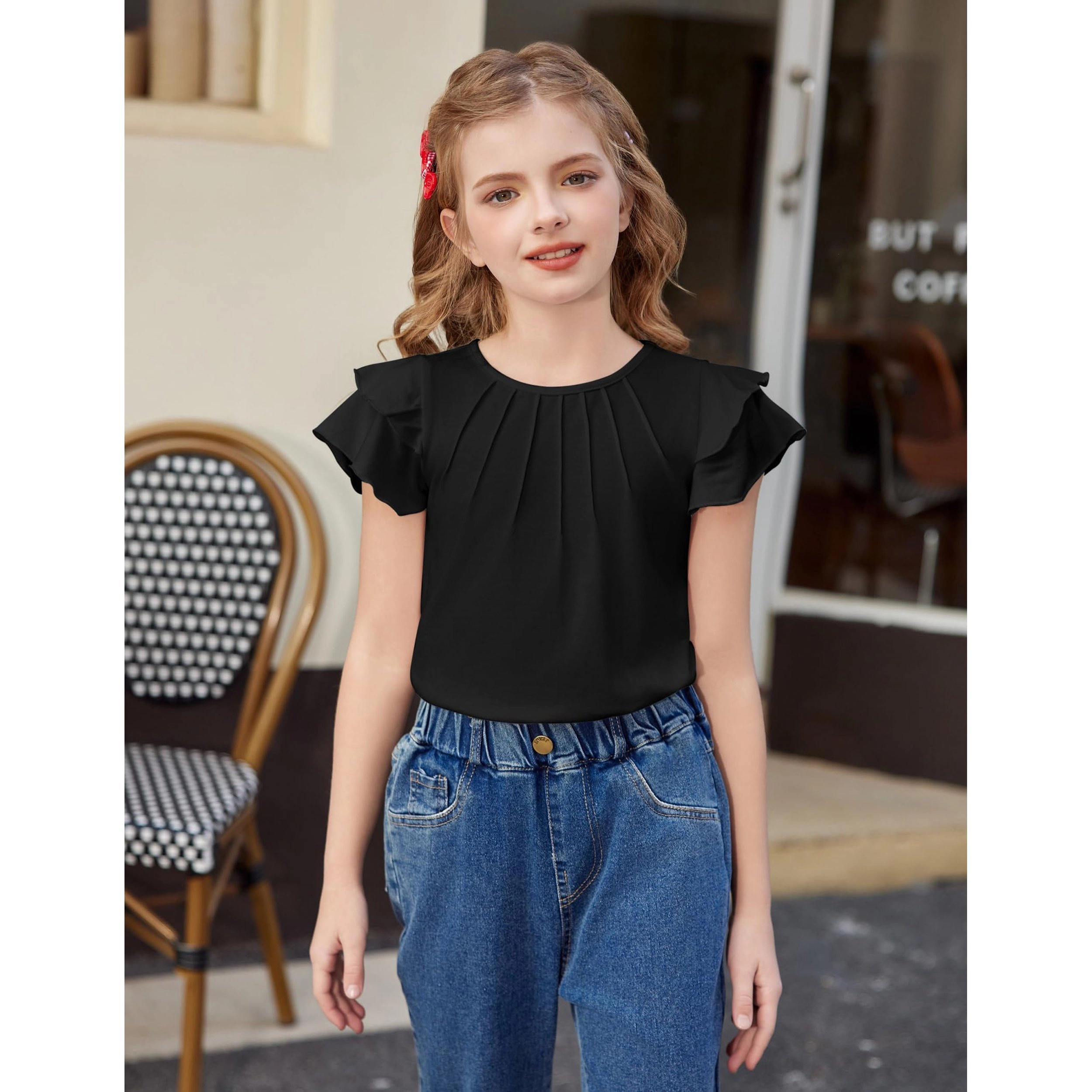 Arshiner Girl's Crewneck Pleated Ruffle Short Sleeve T-Shirt