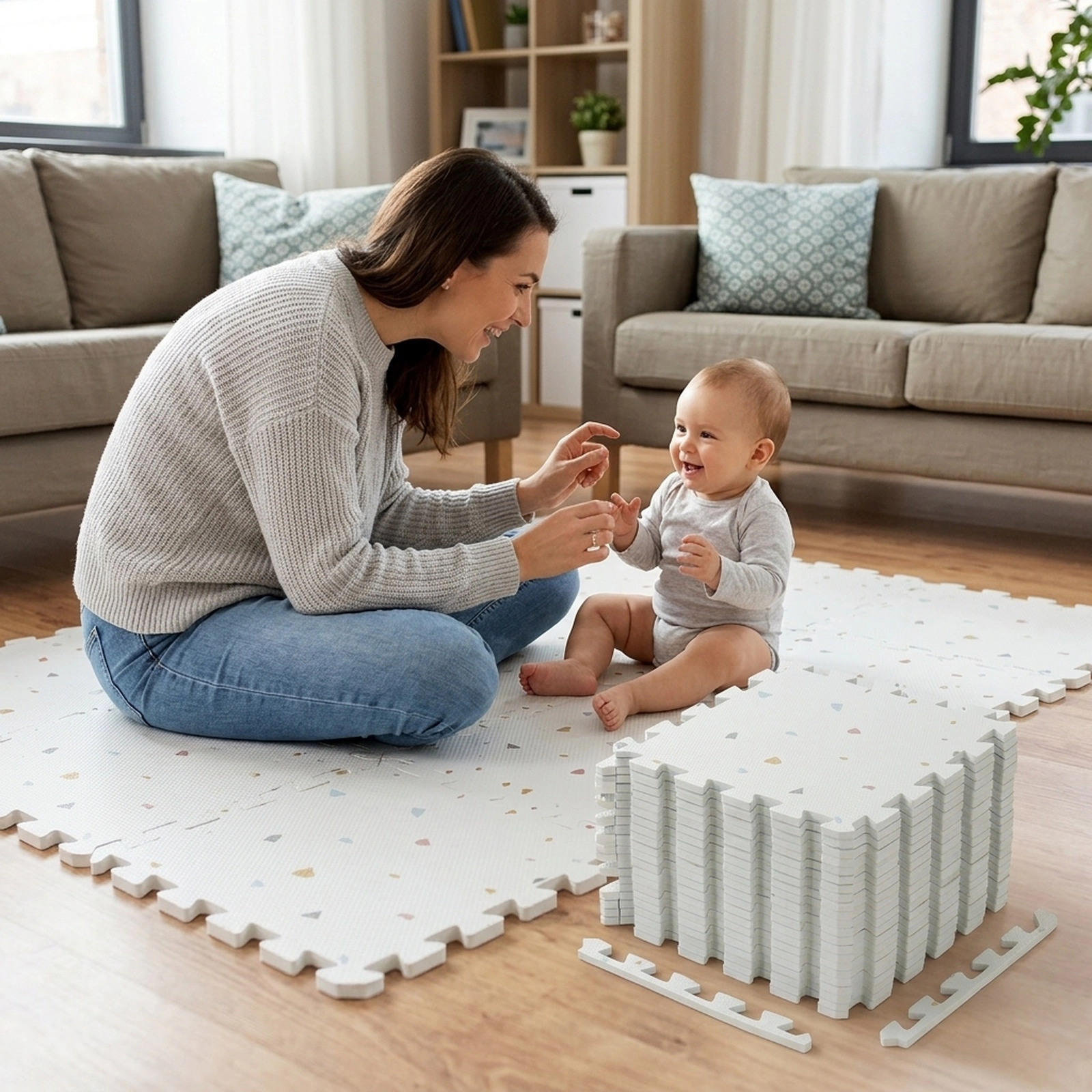 SUGIFT White Terrazzo 36 Piece Interlocking Foam Exercise Mat Set with Widened End Borders 13-in W 12.5-in D
