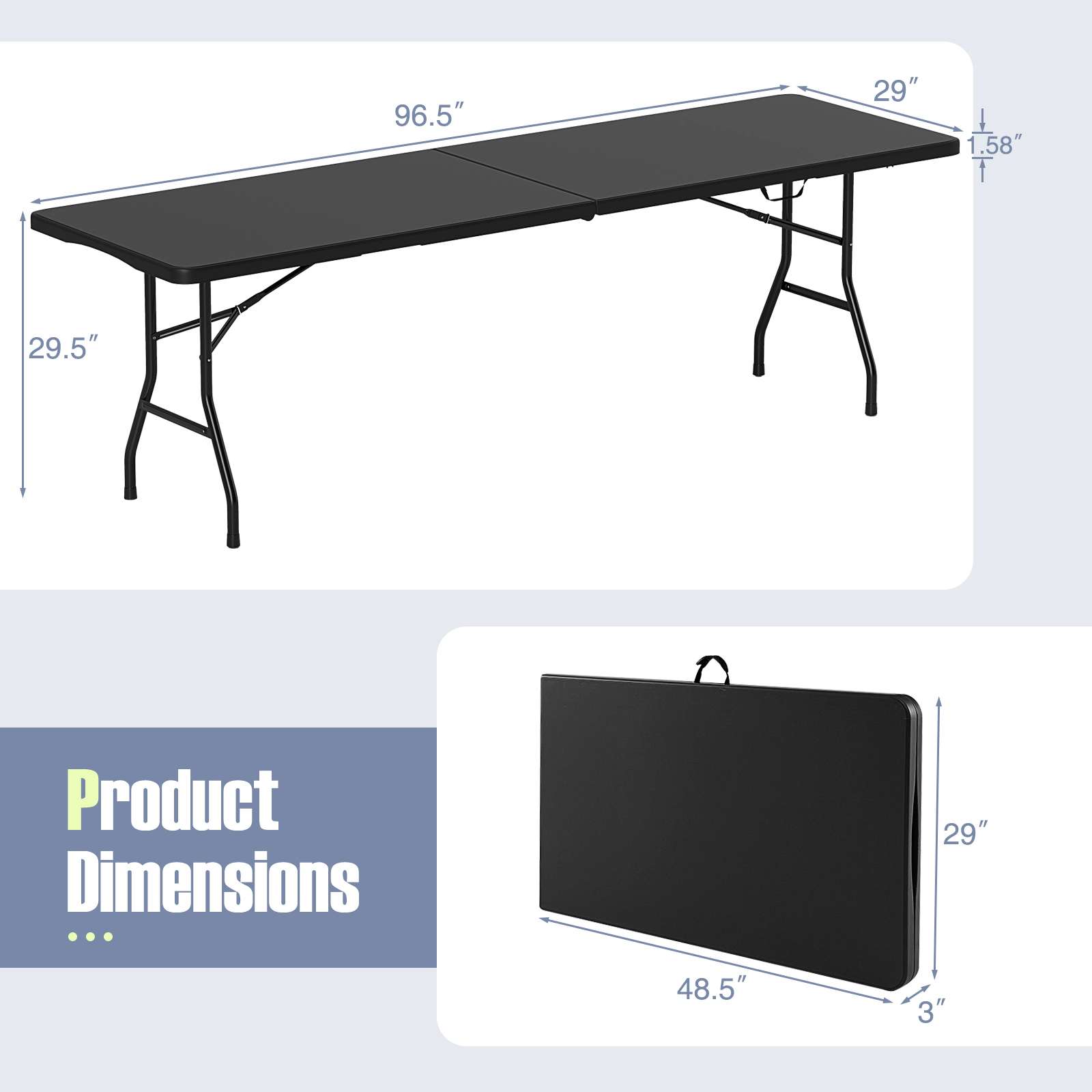 SUGIFT 8-Foot Folding Table, 350 lb Capacity, HDPE Top, Fold-in-Half Design, Black