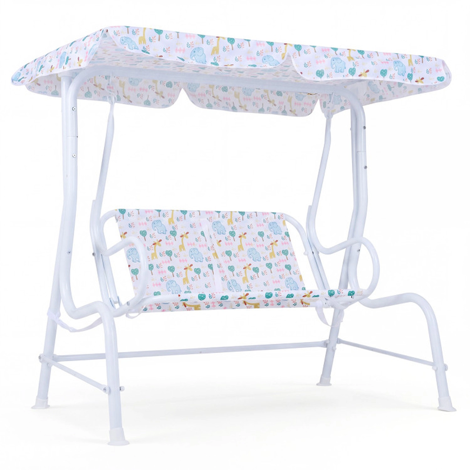SUGIFT 2-Seat Kids Swing Chair, Triangle Metal Frame, Backrest, Rotating Canopy, White