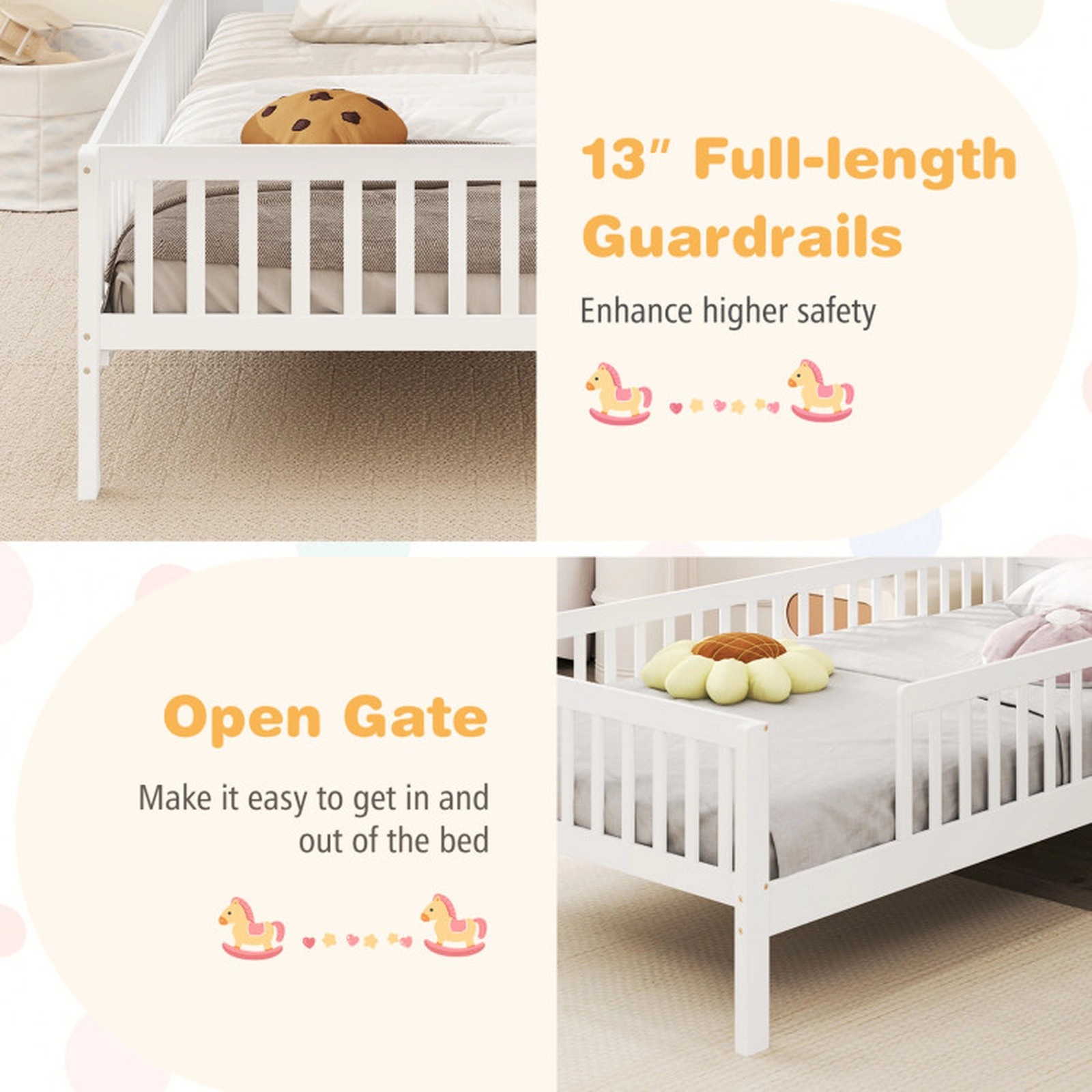SUGIFT Kids Twin Size Montessori House-Shaped Headboard Solid Pine Bed 82-in x 44.5-in x 36.5-in 440-lb Capacity White