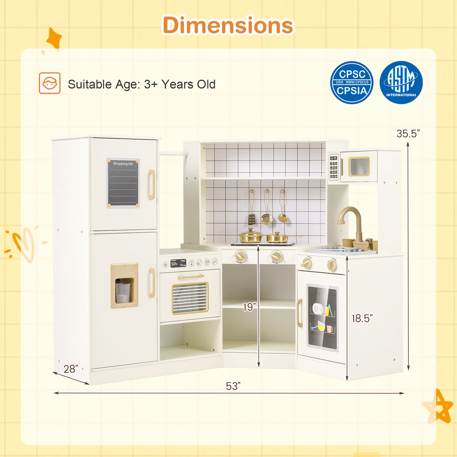 Corner Kids Play Kitchen Water Circulation 2 Lighted Stoves Dishwasher Ice Dispenser 53-in x 28-in x 35.5-in Beige