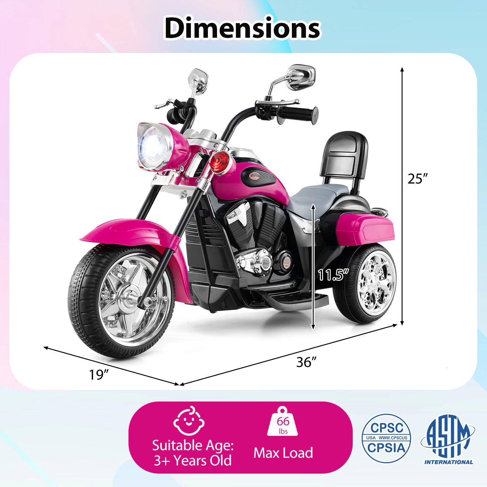 SUGIFT 6V Powered Toddler 3-Wheel Motorbike Ride On Toy with Horn and Headlight 66-lb Capacity Ages 3+ Hot Pink