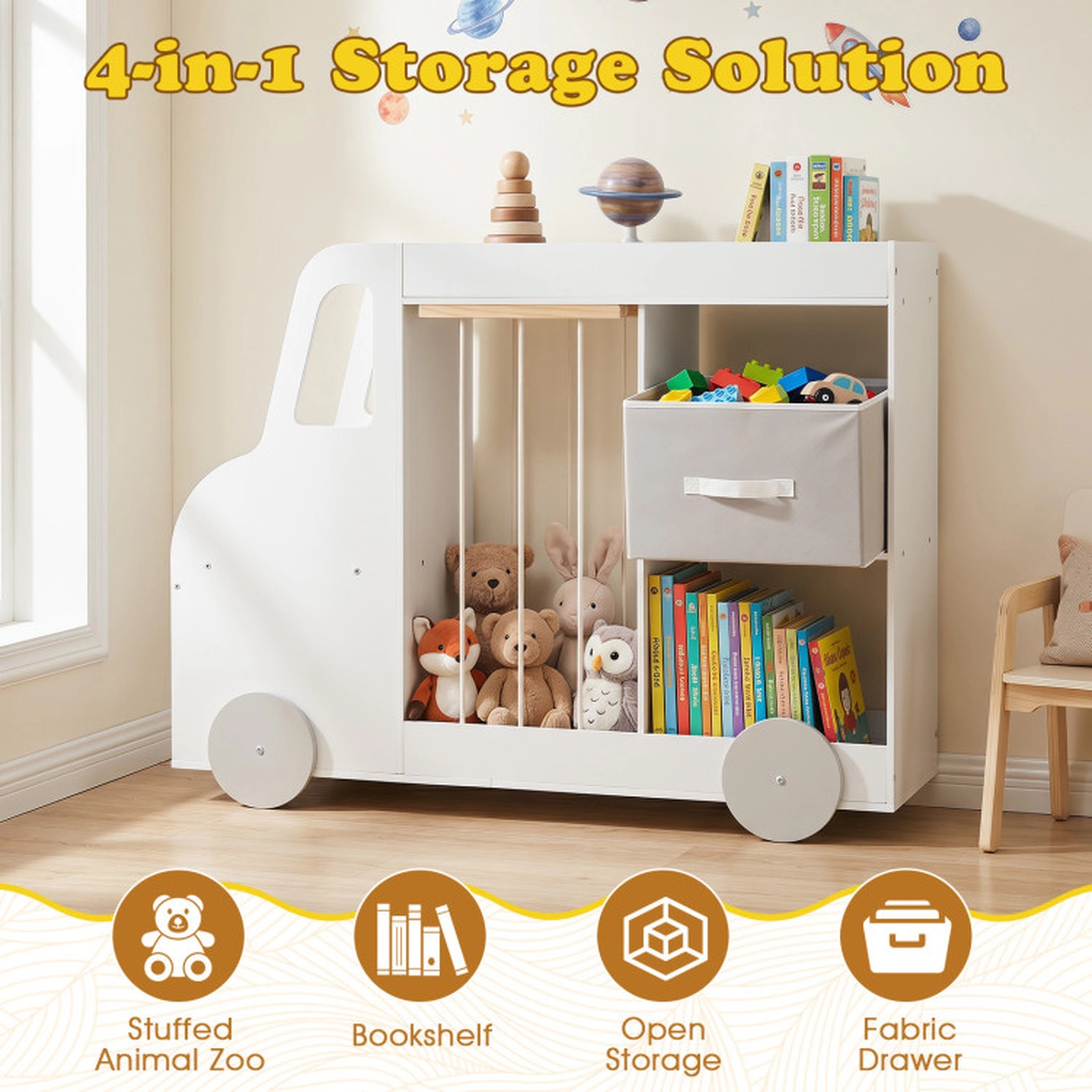 SUGIFT Toy Storage Organizer with Stuffed Animal Storage Fabric Drawer and Universal Wheels 35-lb Shelves Ages 3+ White