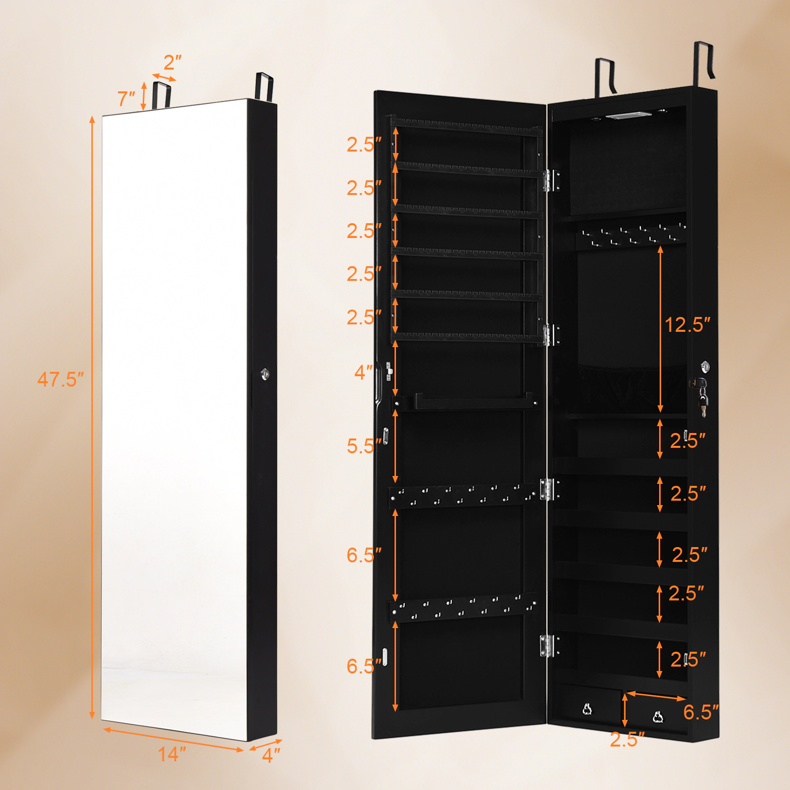 SUGIFT Black LED Lighted Mirrored Jewelry Cabinet Wall and Door Mounted Lockable Armoire with Full Mirror