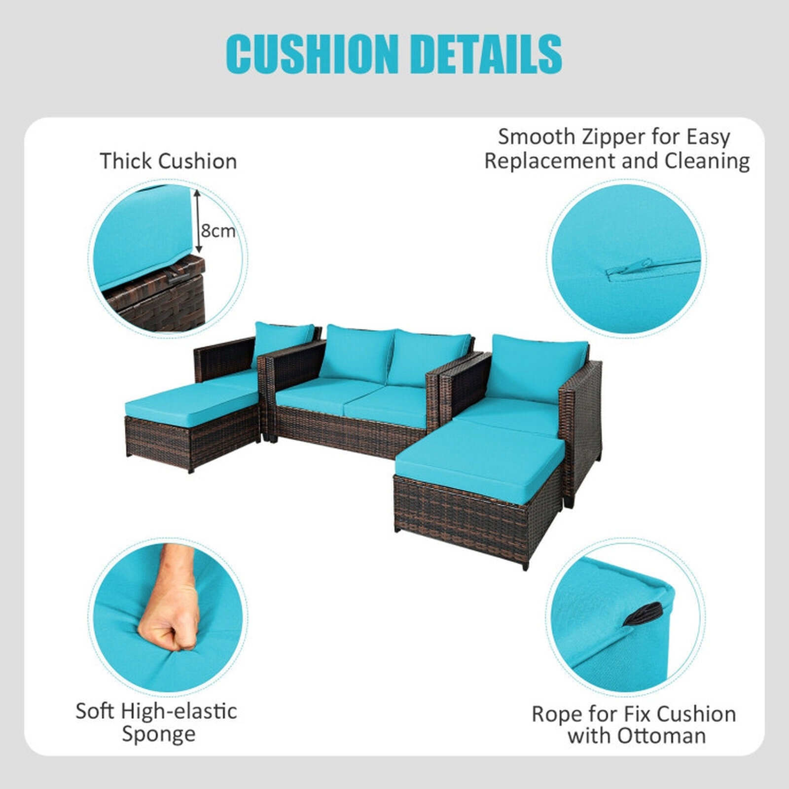 SUGIFT Turquoise 2 Ottomans and Cushions 5-Piece Patio Rattan Sectional Sofa Set