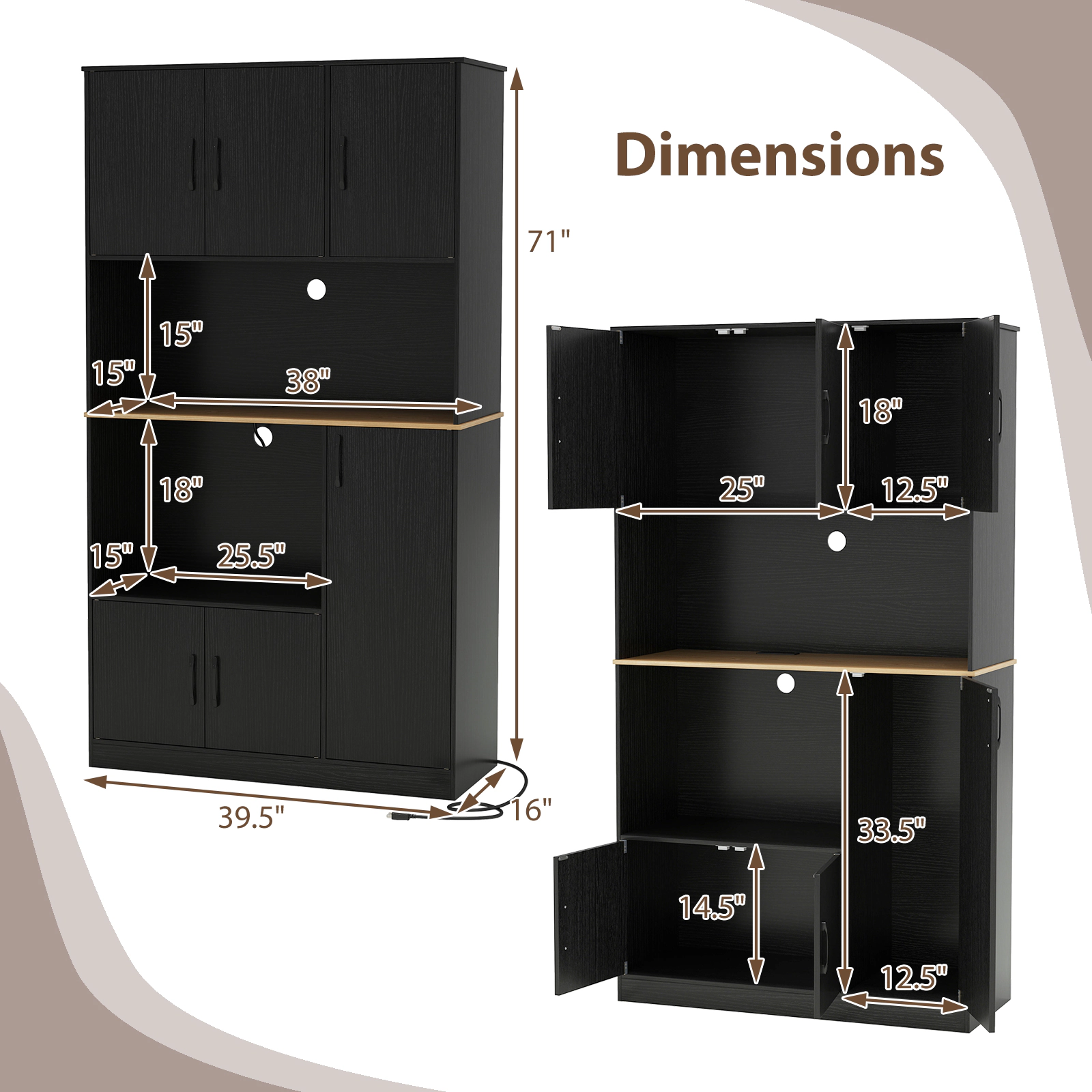 Glintex 71-Inch Pantry Cabinet with Microwave Stand and Charging Station