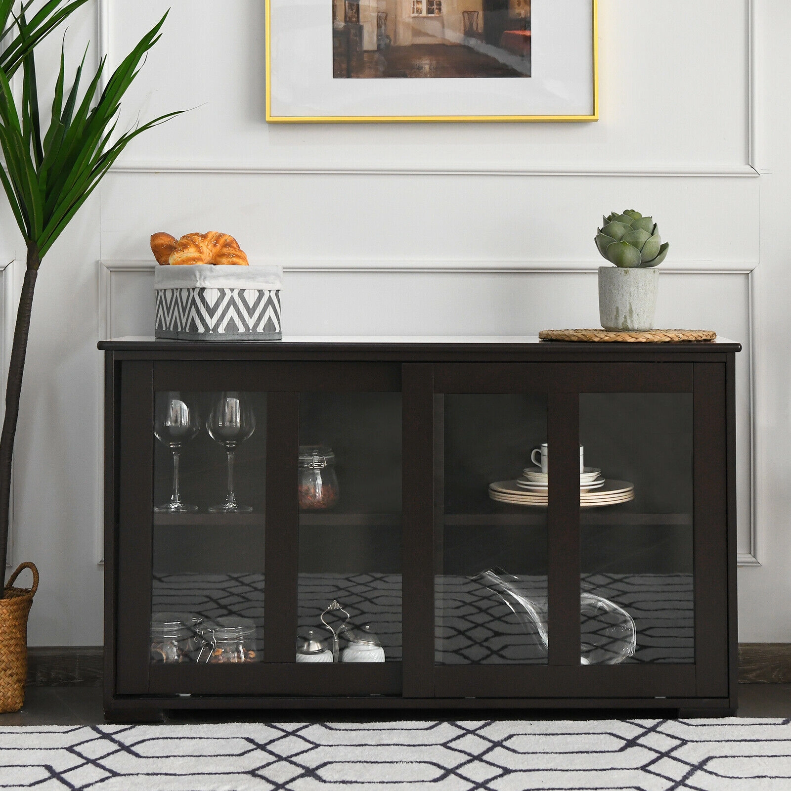SUGIFT Sliding Tempered Glass Doors Adjustable Shelf Sideboard Cupboard 42-in x 13-in x 24.5-in 2 Shelves Brown