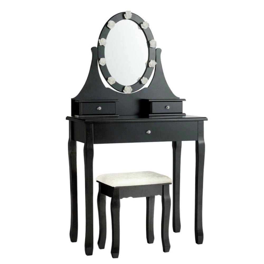 Hivvago 3 Drawers Lighted Mirror Vanity Dressing Table Stool Set-Black