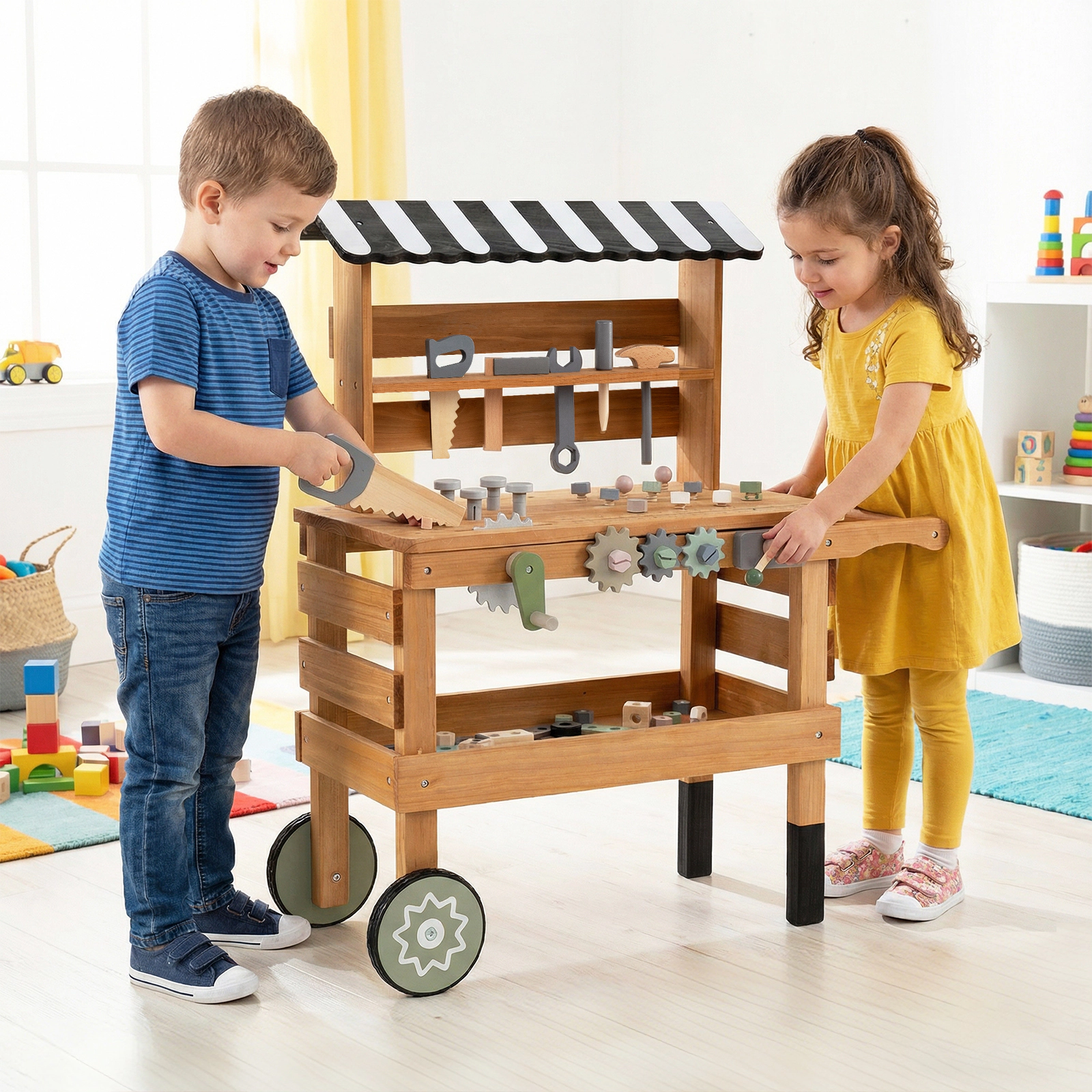 2-in-1 Kids Tool Bench and Rolling Cart with Play Tool Set and Anti-Slide Baffles 29.5-in x 12-in x 33.5-in Brown